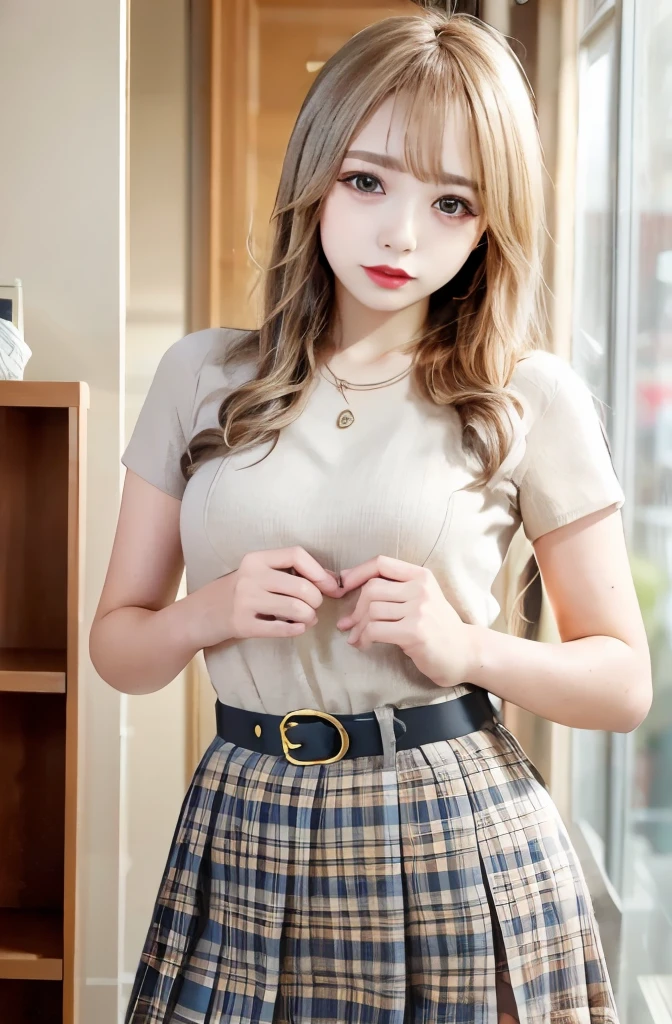 NSFW,gold necklace, gold bracelet, gold belt, {{Low-rise skirt with slit}}, plaid pleated skirt, {{{へそ length white shirt}}}, {{{{Shirt tied under the chest}}}}, socks, platinum blonde hair, 1 girl,(highest quality,4k,8K,High resolution,masterpiece:1.2),1 beautiful woman,18-year-old,35mm lens,f/1,cowboy shot,considerable breasts,soft sunlight,bright colors,playful expression