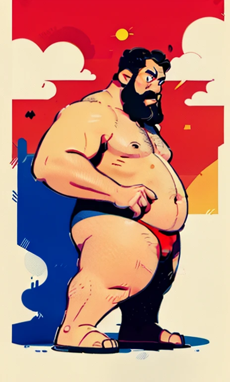 He is naked with no clothes, cartoon character of a bearded fat man extremely thick thighs bulging belly wearing a red swim trunks watch with different poses and poses, arte conceitual de desenho animado, design de personagens muito estilizado, design de personagens estilizados, design de personagens altamente detalhado, arte em artstation, design de personagens, estilo de personagem Disney, arte conceitual, design de personagens animados, design de personagens de alta qualidade, character exploration, great character design, in the style of Disney animation, character illustration
