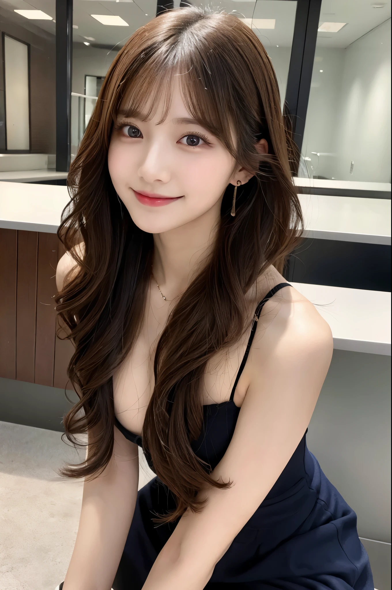 table top, highest quality, shape, Super detailed, finely, High resolution, 8k wallpaper, 完璧なダイナミックな構shape, beautiful and detailed eyes, wavy medium hair,natural color lip, bold sexy pose,smile,office building,20 year old girl,cute,sexy shot looking at camera,slender body shape、Completely naked、female organ、vagina、spread your legs、spread your legs、super high quality、8K、