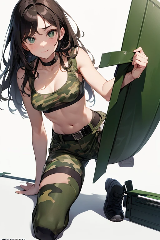 thick hips, thick thighs, barefoot, high cut leotard, flat breast, thin waist, pigtails hair, weapon, tanned skin, gun, angry look, scream, thick body, military camouflage, spread legs, lying down,