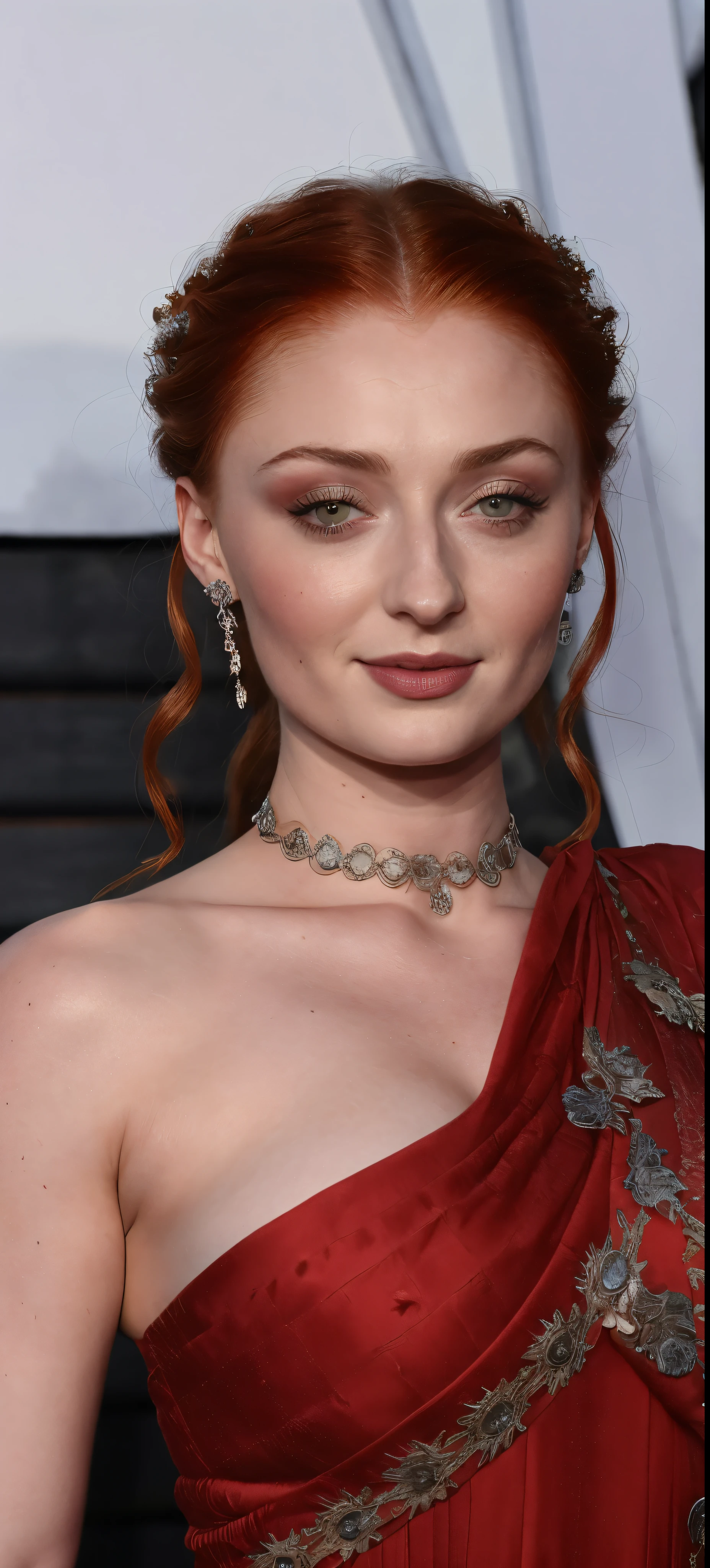 Face of Sophie Turner, Sansa Stark played by Sophie Turner, the de facto Lady of the Eyrie, is a 40-year-old mature queen with a stunning, alluring appearance. Full Face, pierced eyes, reddish lips, upper body shot, erotic Mediaeval costumes, game of thrones costumes, She wears a Game of Thrones-inspired costume and has a deep cleavage, a perfect thick body, and a perfect thick figure. The photograph captures her in a close-up, with her skin texture and facial features being ultra-realistic and realistic.