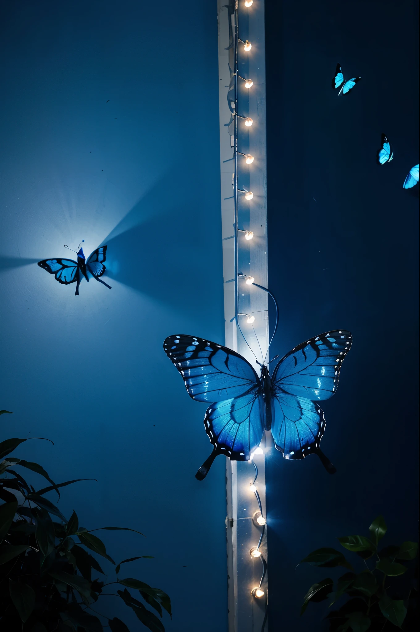 Blue butterfly flying with lights around