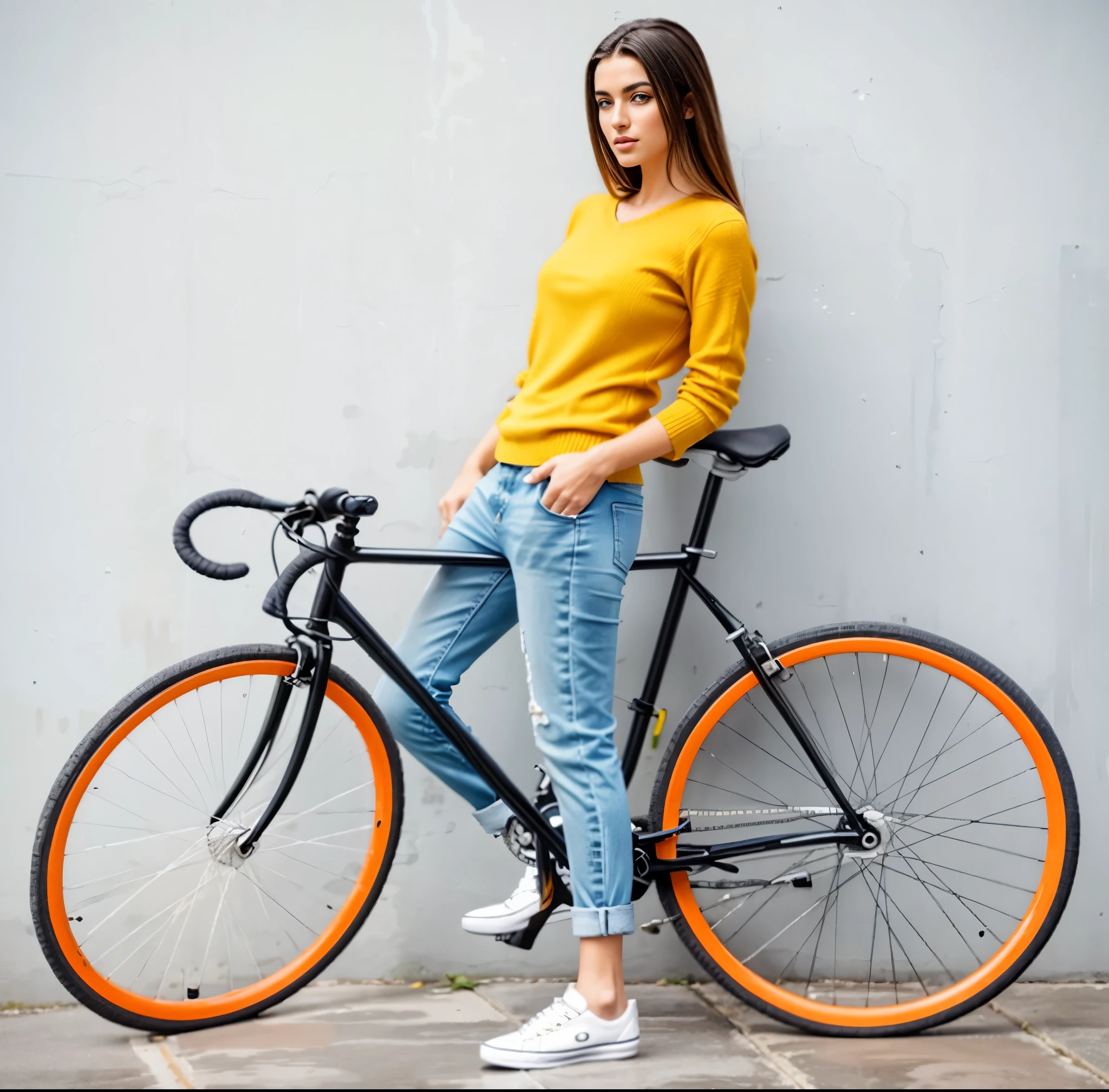 arafed woman in yellow sweater and jeans leaning on a bicicleta, bicicleta, bicicletas, foto de uma motociclista, bicicleta in background, ciclismo!!, andar de bicicleta, roupas casuais modernas, anda de bicicleta, fashionable, roupas esportivas, photoshoot, por Juan O'Gorman, 🚿🗝📝, laranja e preto, estilo de roupa casual, um superinteligente
