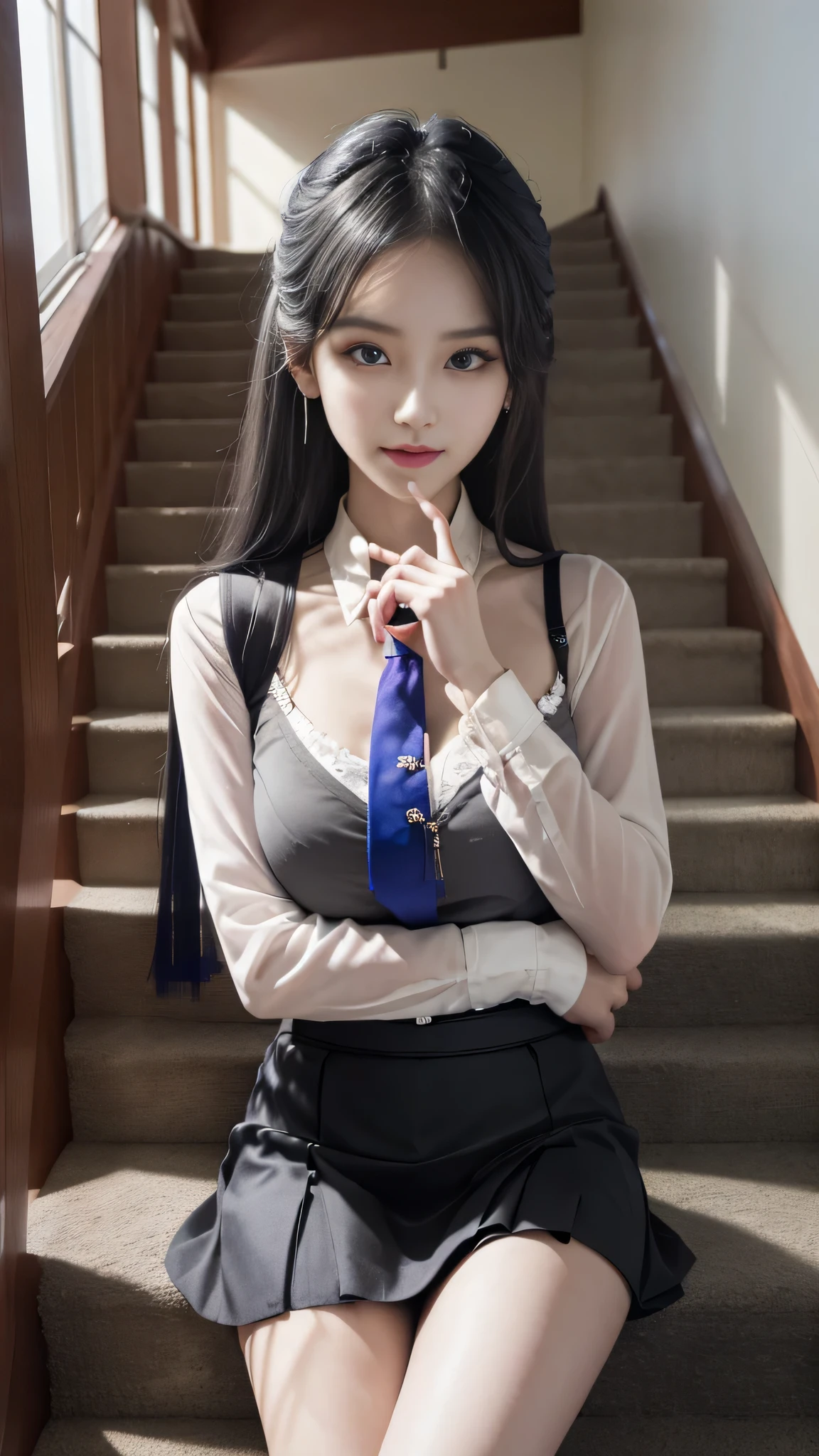 Gray eyes, Korean , summer shirt, gravitation, charisma, glamorous, ribbon tie, a bore skirt, bright blonde, school stairs, going down school stairs, chest thrusting pose, chest bragging pose, 8k raw photo, high resolution, cool Korean at 18  years old, very big round breasts, beautiful eyes in detail, long eyelashes, beautiful double eyelids, eyeshadow, eyeliner, slender eyes, elongated eye shape, Sanpaku eyes, evil smile, evil look, beautiful very thin legs, beautiful very thin thighs, random medium hair, hair tied behind the head, earrings.
