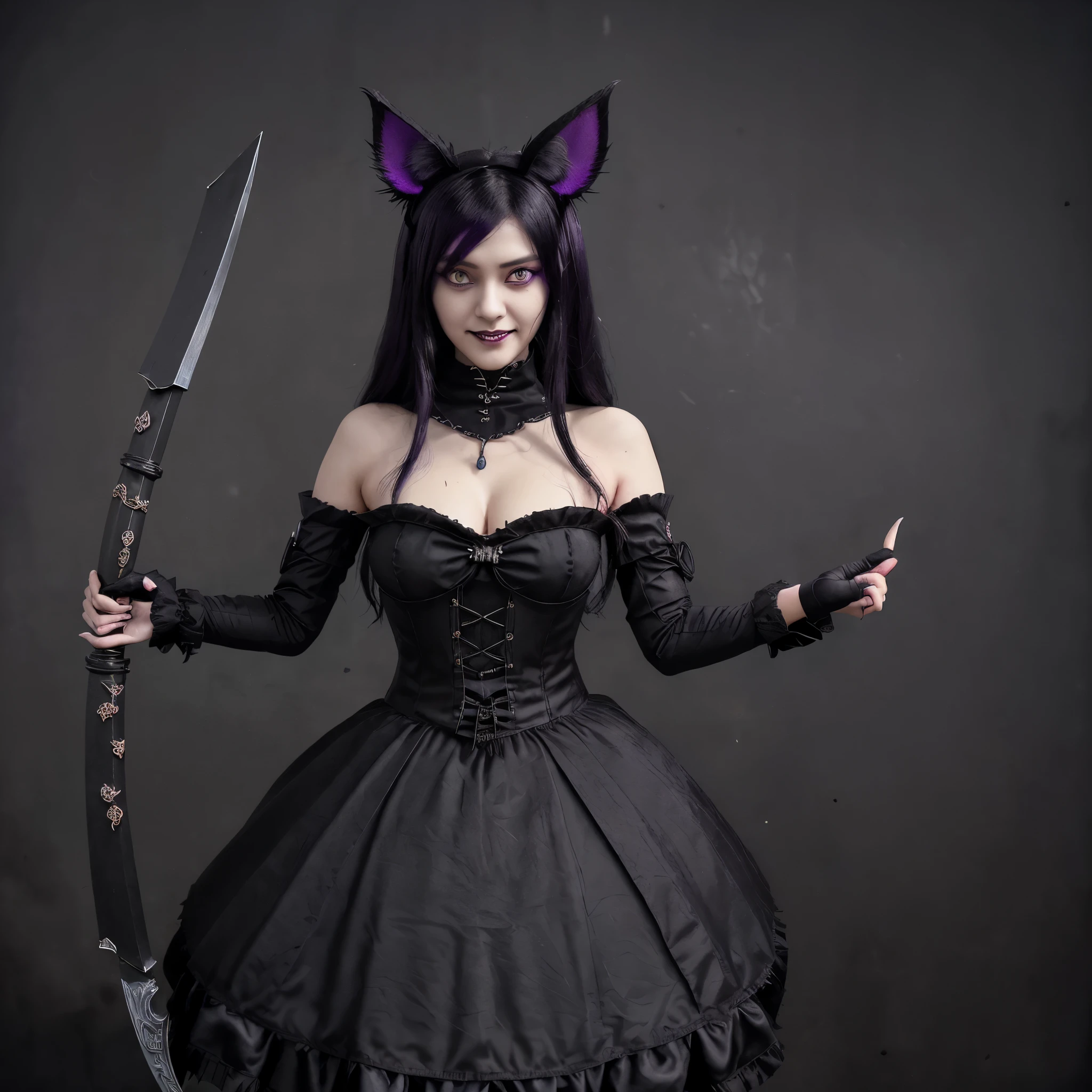 Aku menggunakan bahasa indonesia karna aku tidak menguasai bahasa inggris
Lalu deskripsi gambar yg aku mau adalah gambar anime
She is 160cm tall with purple eyes with black hair wearing gothic clothing holding a death scythe with a warm but scary smile her gothic outfit has fox ears and gu
