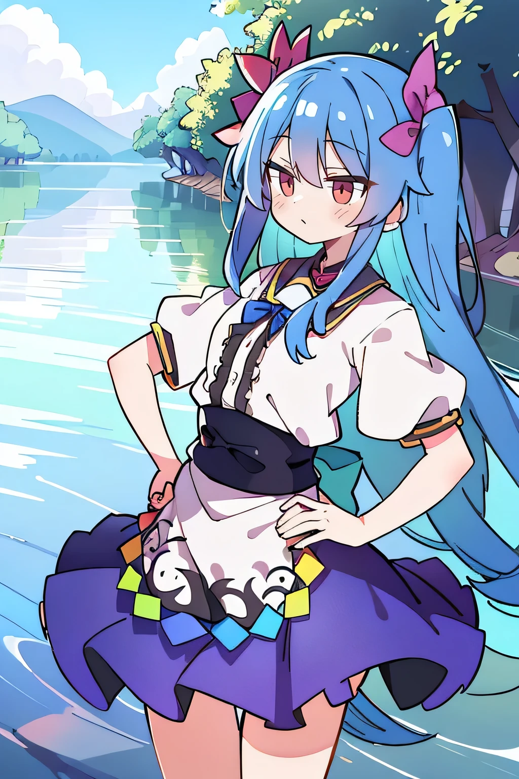 (masterpiece),best quality, expressive eyes, perfect face, 1girl,
Put your hands on your waist,fair, Gorgeous,Japanese cartoons,girl,lola,Hina Angel, blue hair, blue haired, floating clothes,Grab your waist, Grab your waist, hands on hips , hands on hips,flat chest,Lie in the pool,lake,Lie on the ground,