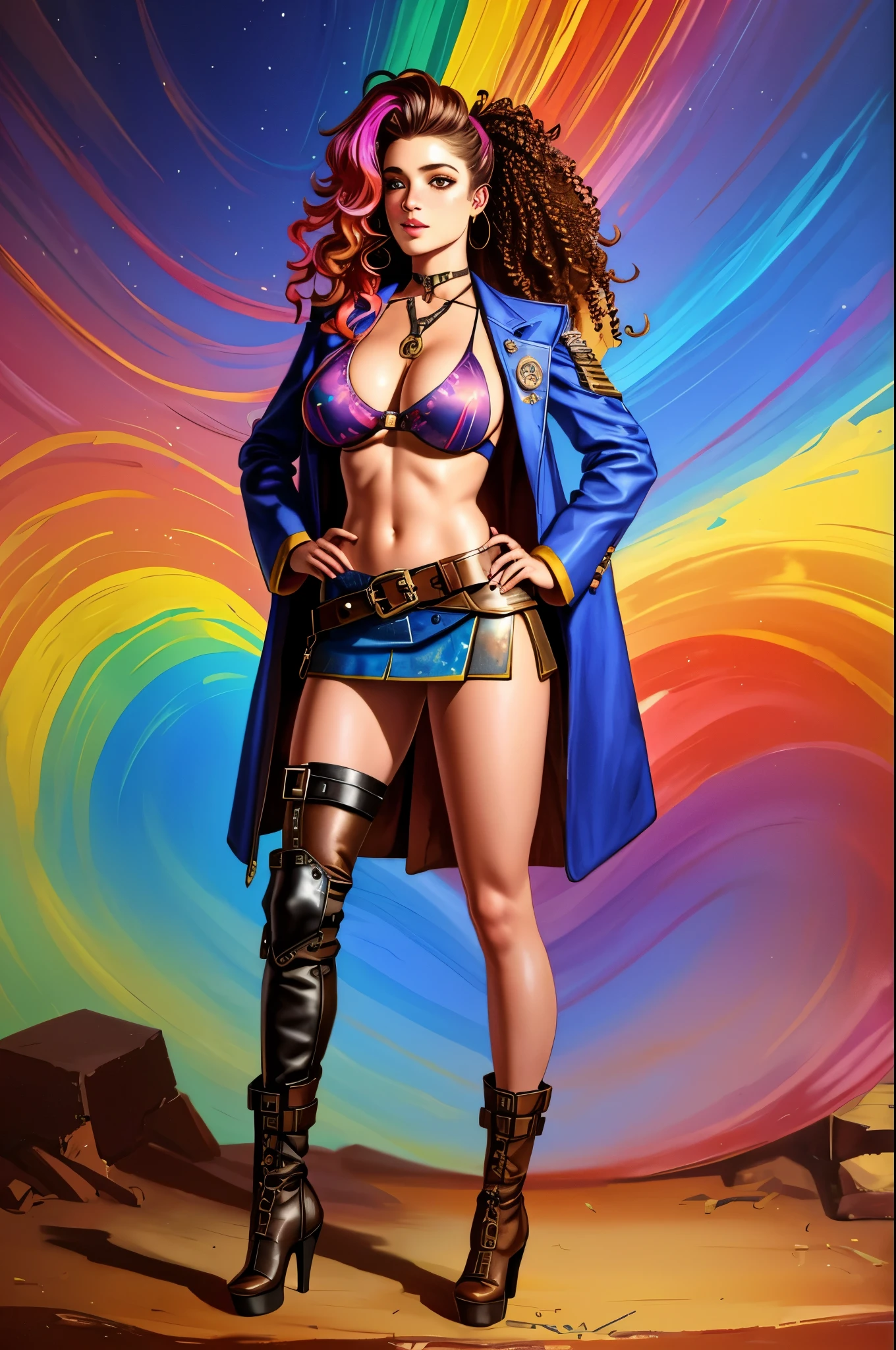 Colorful beautiful girl: a girl 19-years old, messy hair, oil painting, 8k resolution, complex, elegant, expansive, fantastical, wavy hair, vibrant, rainbow colours, tie dyed croptop, underboob, short skirt, gorgeous hair, full body shot, pretty face, high heels, engineer, freckles, steampunk, boots, seductive, apocalyptic setting, belts and buckles, asymmetric