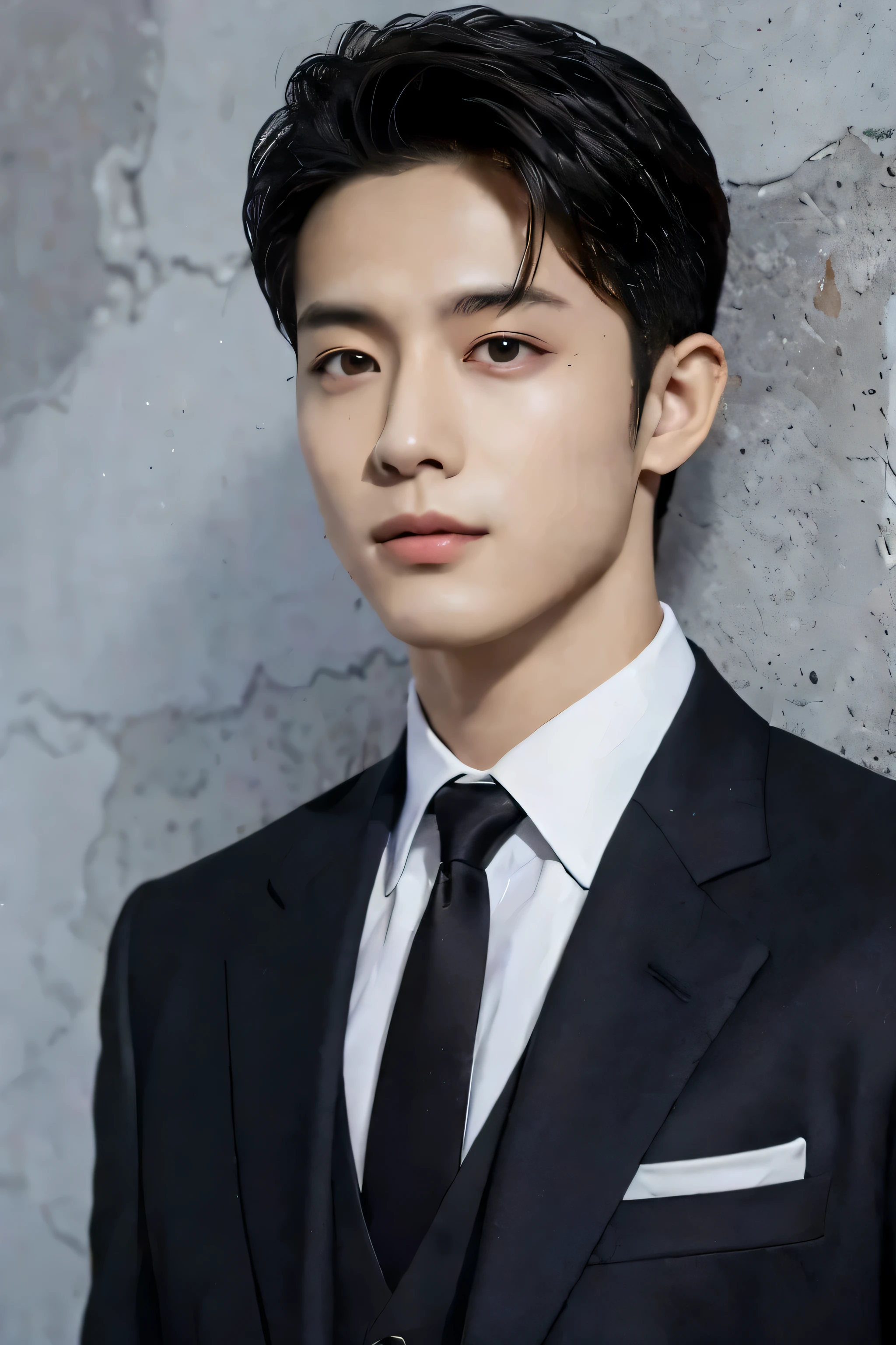 arafed asian man in a suit and tie leaning against a wall, yanjun chengt, inspired by Zhang Han, jung jaehyun, inspired by Yanjun Cheng, korean artist, ji-min, handsome prince, young wan angel, a handsome man,black short hair, handsome man, wan adorable korean face, handsome and attractive, hyung tae, woo kim