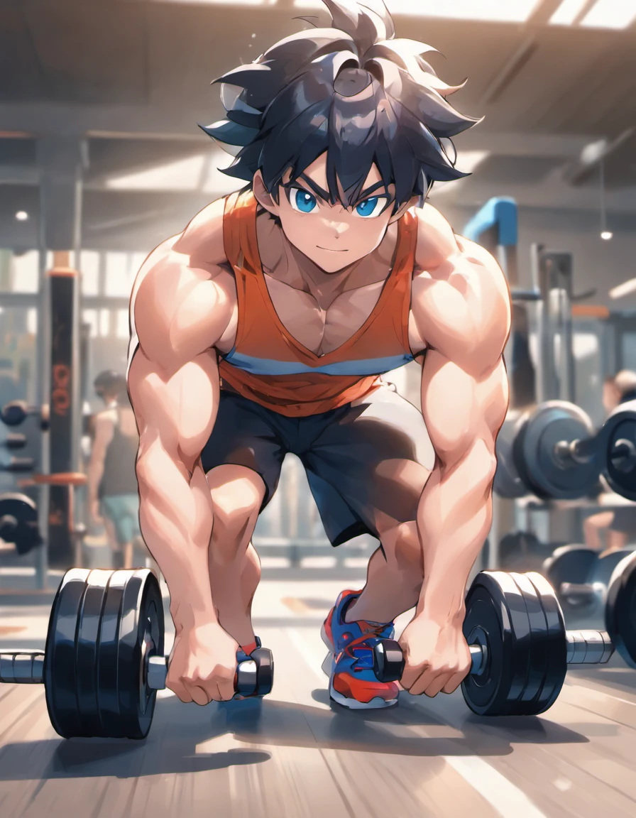 (best quality,4k,8k,highres,masterpiece:1.2),ultra-detailed,realistic,black hair,blue eyes,1boy,muscular male, young style,tank top,shorts,gym room,dappled sunlight,shadows,dumbbells,perspiration,sturdy gym equipment,intense expression,confident pose,energetic atmosphere,vivid colors,sharp focus,physically-based rendering,professional,portrait,masculine features,fit physique,healthy glow,sporty attire,colorful sneakers,exercise equipment in the background,inspiring backdrop,invigorating lighting,modern gym setting