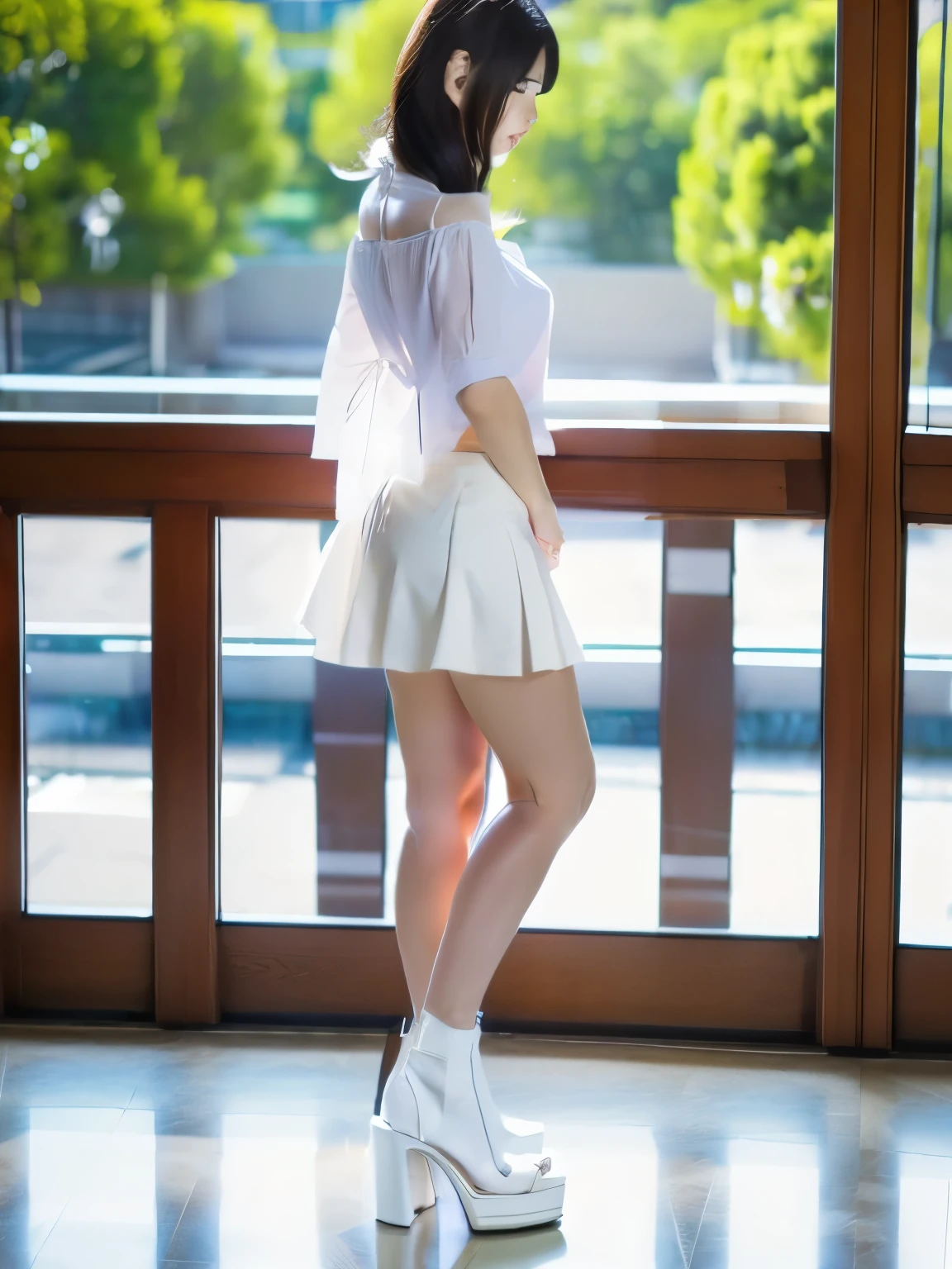 1 Japanese girl,standing,blushing and embarrassed face,summer casual style,white blouse,white flare skirt,white choker,white high heels,((Full body:1.2,Voyeur from the side:1.2)),slim body shape,from below,realistic,best quality,ultra-detailed,high resolution,beautiful white skin,looking at another,flooring room