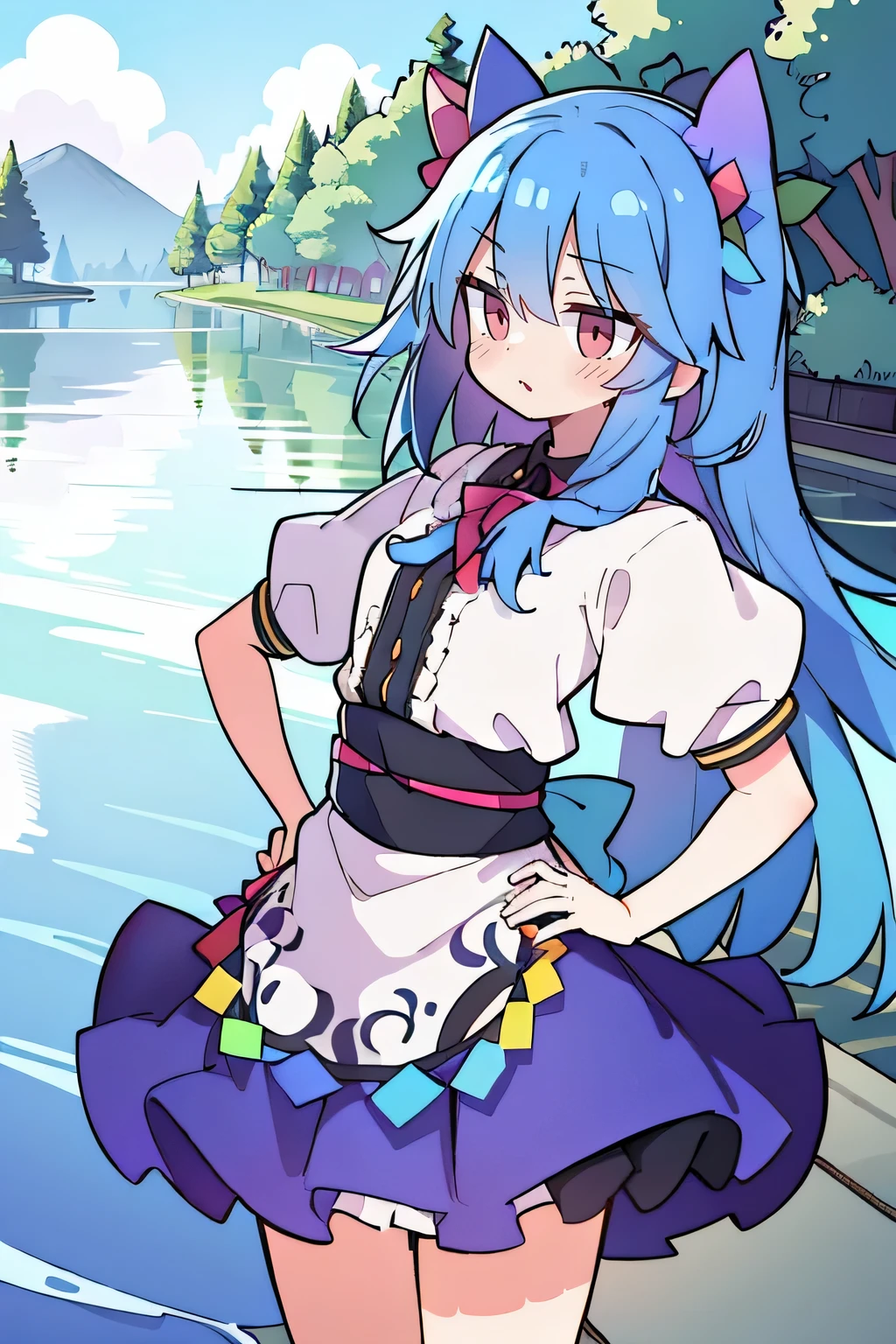 (masterpiece),best quality, expressive eyes, perfect face, 1girl,
 Put your hands on your waist,fair, Gorgeous,Japanese cartoons,girl,lola,Hina Angel, blue hair, blue haired, floating clothes,Grab your waist, Grab your waist, hands on hips , hands on hips,flat chest,Lie in the pool,lake,Lie on the ground,
