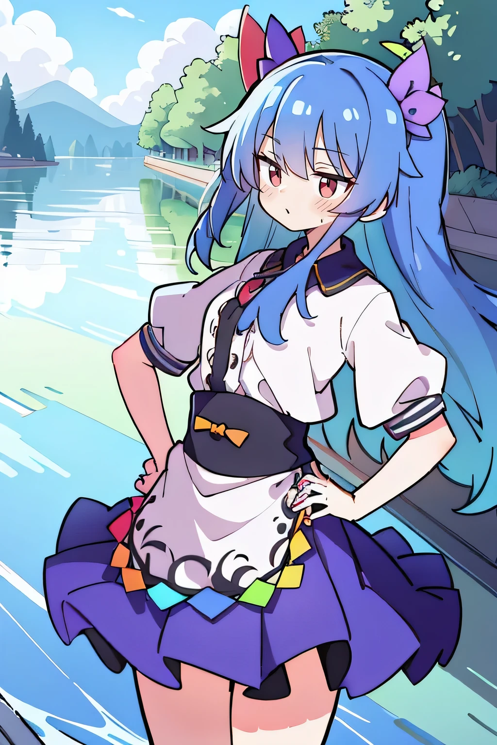 (masterpiece),best quality, expressive eyes, perfect face, 1girl,
Put your hands on your waist,fair, Gorgeous,Japanese cartoons,girl,lola,Hina Angel, blue hair, blue haired, floating clothes,Grab your waist, Grab your waist, hands on hips , hands on hips,flat chest,Lie in the pool,lake,Lie on the ground,