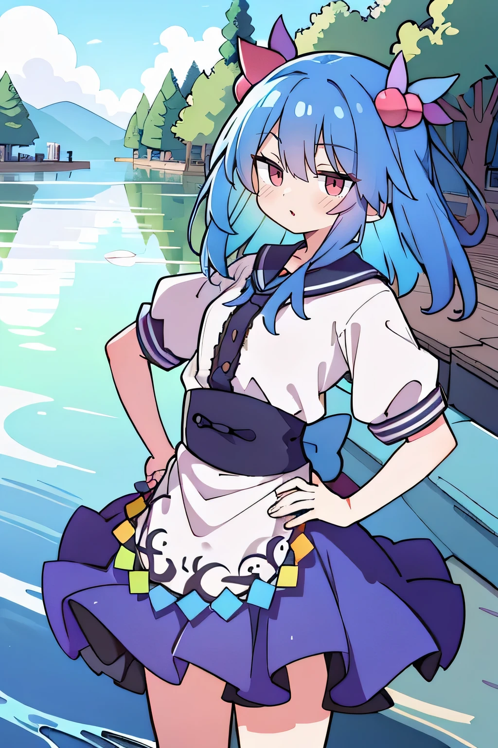 (masterpiece),best quality, expressive eyes, perfect face, 1girl,
Put your hands on your waist,fair, Gorgeous,Japanese cartoons,girl,lola,Hina Angel, blue hair, blue haired, floating clothes,Grab your waist, Grab your waist, hands on hips , hands on hips,flat chest,Lie in the pool,lake,Lie on the ground,