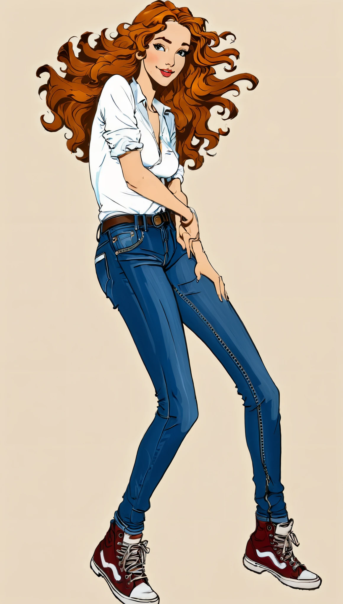 Botticelli&#39;s Venus wearing Levi&#39;s jeans, ((corpo inteiro)), rosto perfeito, cabelos ao vento, estilo cartoon, cores planas, illustration, fundo neutro com manchas de tinta e respingos, marcas de pincel