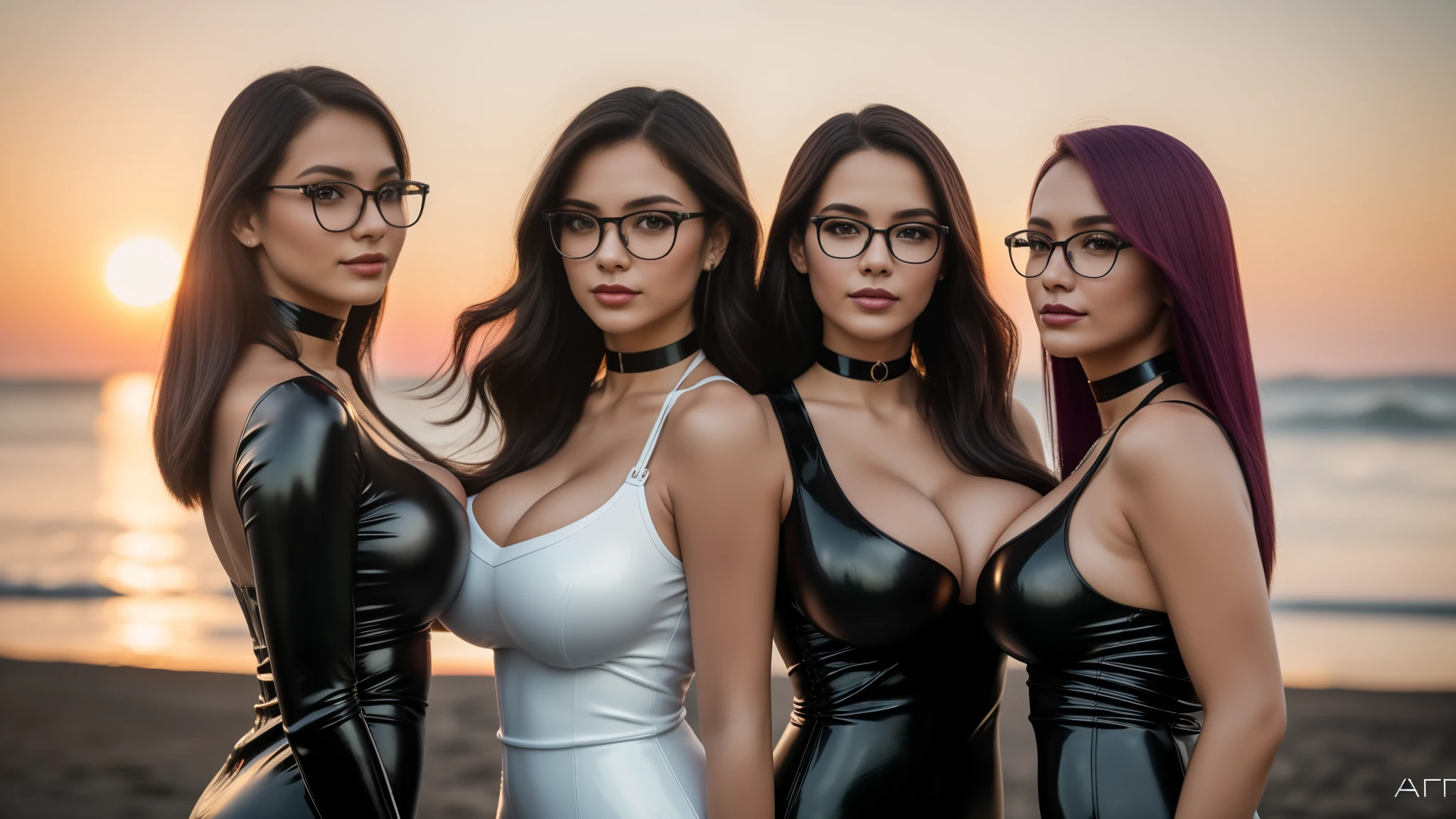 three girls, masterpiece,best qualtiy,hdr, hyper HD, 8K,Bokeh,Ultra-fine painting,Sharp focus,Physically-based rendering,Extreme detail description,portraitures,full-body photo，back turned at viewer, (shag hair), Sexy smile, choker, sexy glasses, (latex dress:1.2), (in sunset light:1.2), (kissing:1.2), perfect eyes, perfect hands, perfect body, perfect hair, (Big breasts:1.5), (EOS R8, 50 millimeters, F1.2, 8K, RAW photo:1.2), photograph by arny freytag