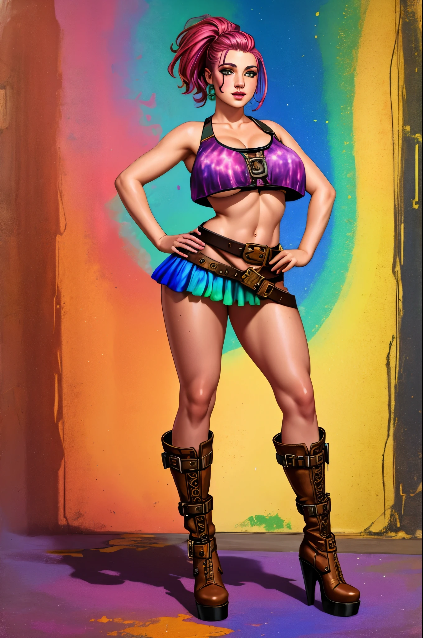 Colorful beautiful girl: a girl 19-years old, oil painting, vibrant, rainbow colours, tie dyed croptop, underboob, short skirt, gorgeous hair, full body shot, pretty face, high heels, engineer, freckles, steampunk, boots, seductive, apocalyptic setting, belts and buckles, asymmetric, half shaved hair