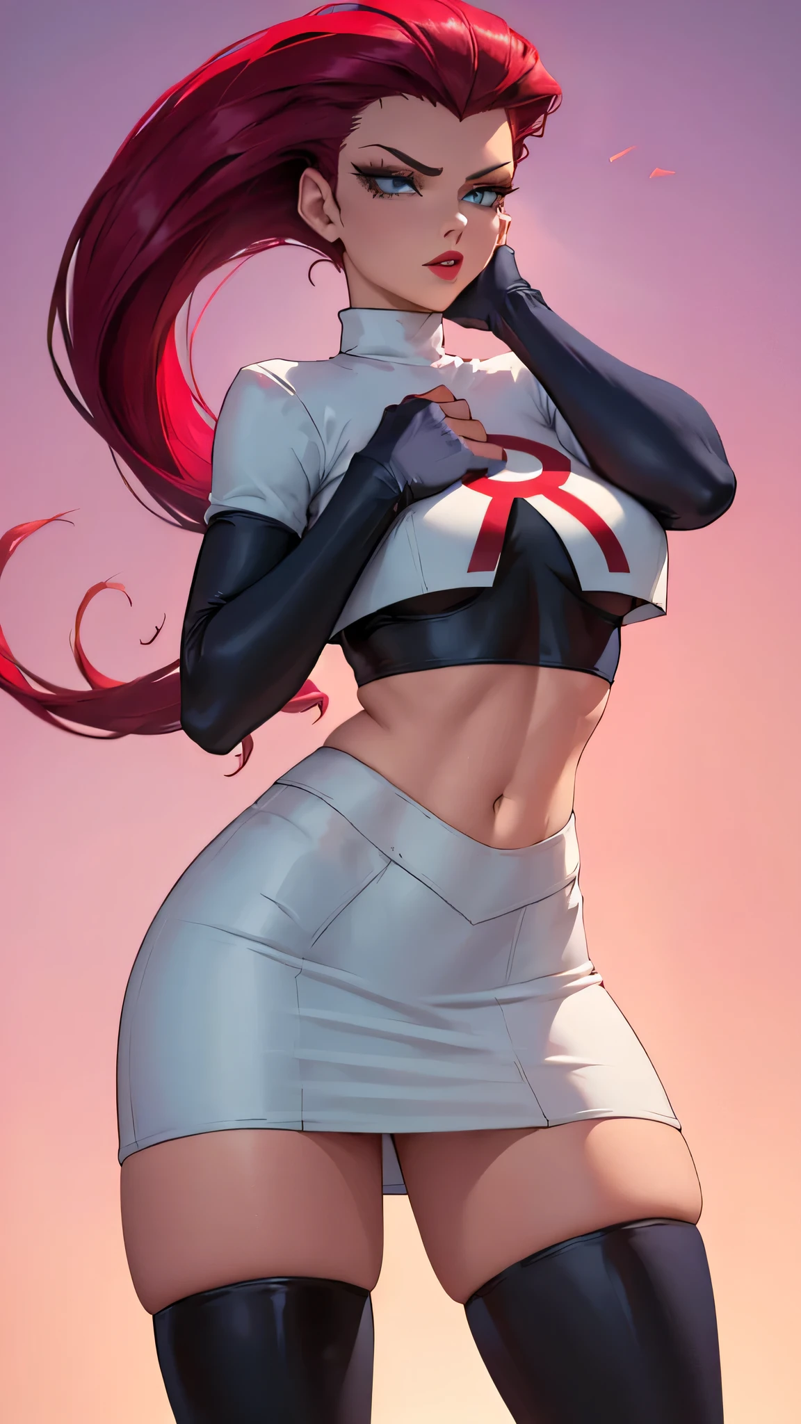 gorgeous girl in sexy standing, ((hair slicked back, long hair,)), large blue eyes, red lip gloss, perfect body, team rocket ,team rocket uniform ,white skirt,crop top,thighhighs,elbow gloves, masterpiece, highres, ((plain background:1.3))