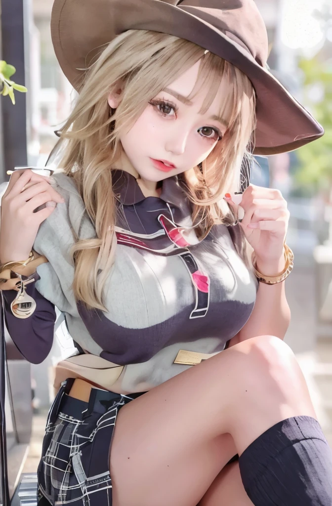 best quality, ultra detailed, extremely detailed, realistic, (masterpiece:1.1), high quality, (highres), female, idol, 22 years old, smile, embarrassed, blush, slender, pale skin, light blonde hair, wavy hair, medium hair, (hoodie, \(see-through\) skirt), nsfw, small breasts, panties, pantyhose, kneehighs,