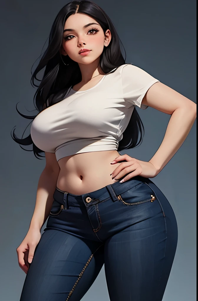 (best quality, masterpiece:1.2), Sketch full view of a hot looking fair skin 29 year old woman standing in front of us. She has brown eyes and long straight black hair. She has big breasts, large breasts. She has a nice curvy physique. She is wearing a crop top and lowrider jeans. Apartment background. Shading. Lighting. Dynamic pose.