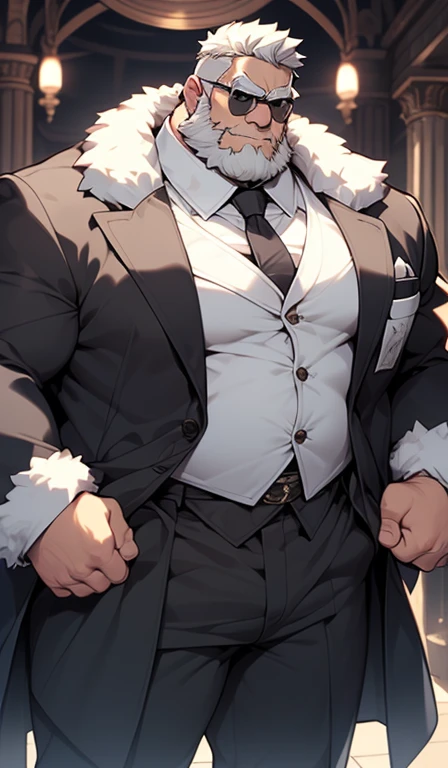 Fat grandpa，Cyclops，fat and strong，black eye mask，white fur，black suit，Fashion，Domineering。