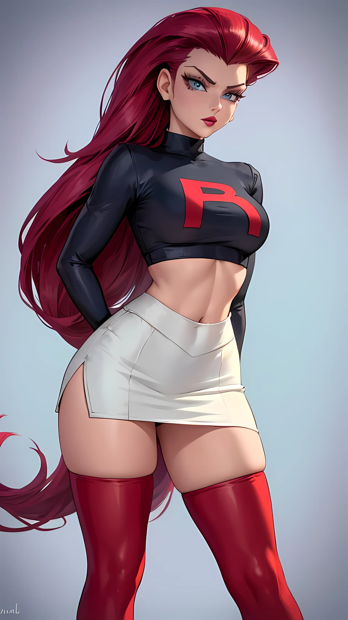 gorgeous girl in sexy standing, ((hair slicked back, long hair,)), large blue eyes, red lip gloss, perfect body, team rocket ,team rocket uniform ,white skirt,crop top,thighhighs,elbow gloves, masterpiece, highres, ((plain background:1.3))