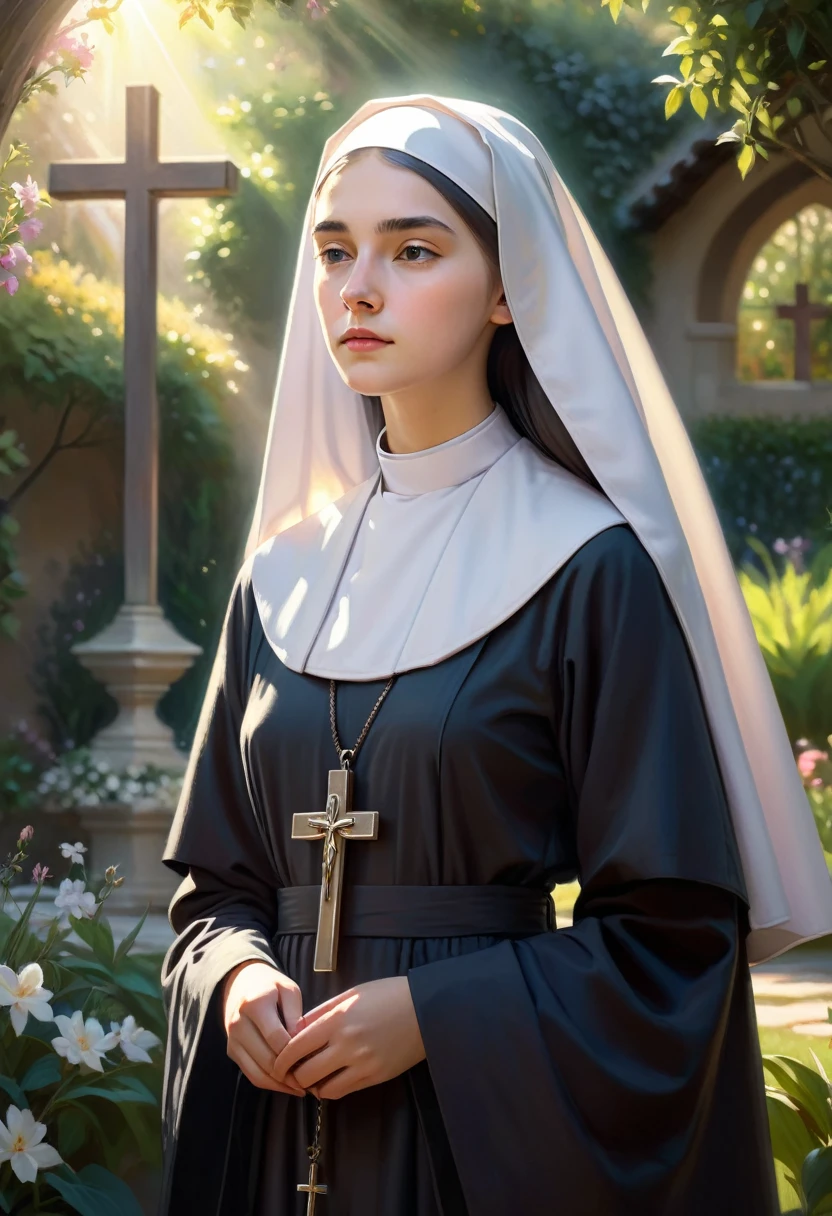 1girl, nun, dark robes, holy cross, serene expression, peaceful garden, soft sunlight, quiet atmosphere, sacred surroundings, (best quality, 4k, 8k, highres, masterpiece:1.2), ultra-detailed, painting-like, soft pastel colors, gentle lighting, aesthetic