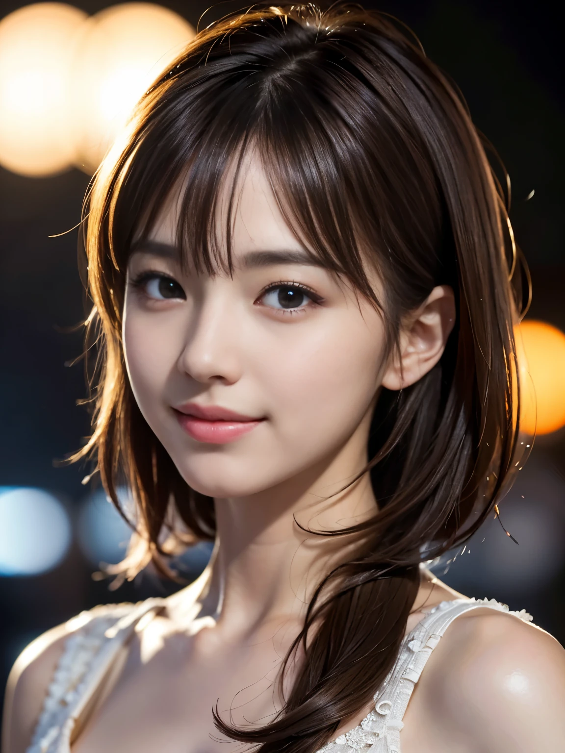 1 Japanese idol, (Raw photo, Best Quality), (Realistic, Photorealsitic:1.4), masutepiece, extremely delicate and beautiful, Extremely detailed, 8k wallpaper, amazing, finely detail, extremely detailed CG Unity, hight resolution, Soft light, Beautiful detailed 19 year old, extremely detailed eye and face, beautiful detailed nose, Beautiful detailed eyes,Cinematic lighting,city light at night,Slender,Smiling, (medium hair, hair messy, asymmetrical bangs, light brown hair)