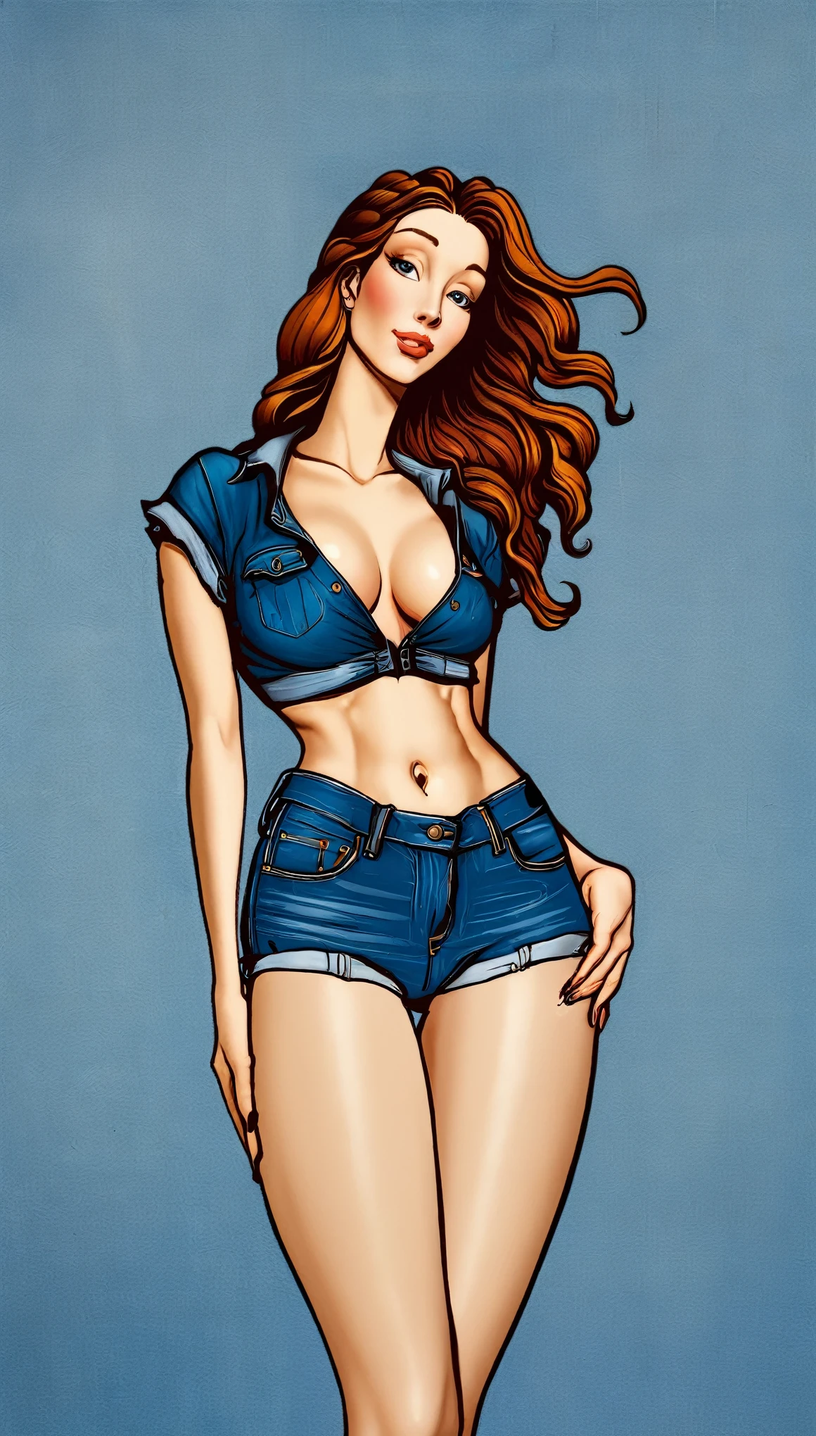 Botticelli's Venus wearing Levi's jeans, ((corpo inteiro)), rosto perfeito, cabelos ao vento, estilo cartoon, cores planas, illustration, fundo neutro com manchas de tinta e respingos, marcas de pincel