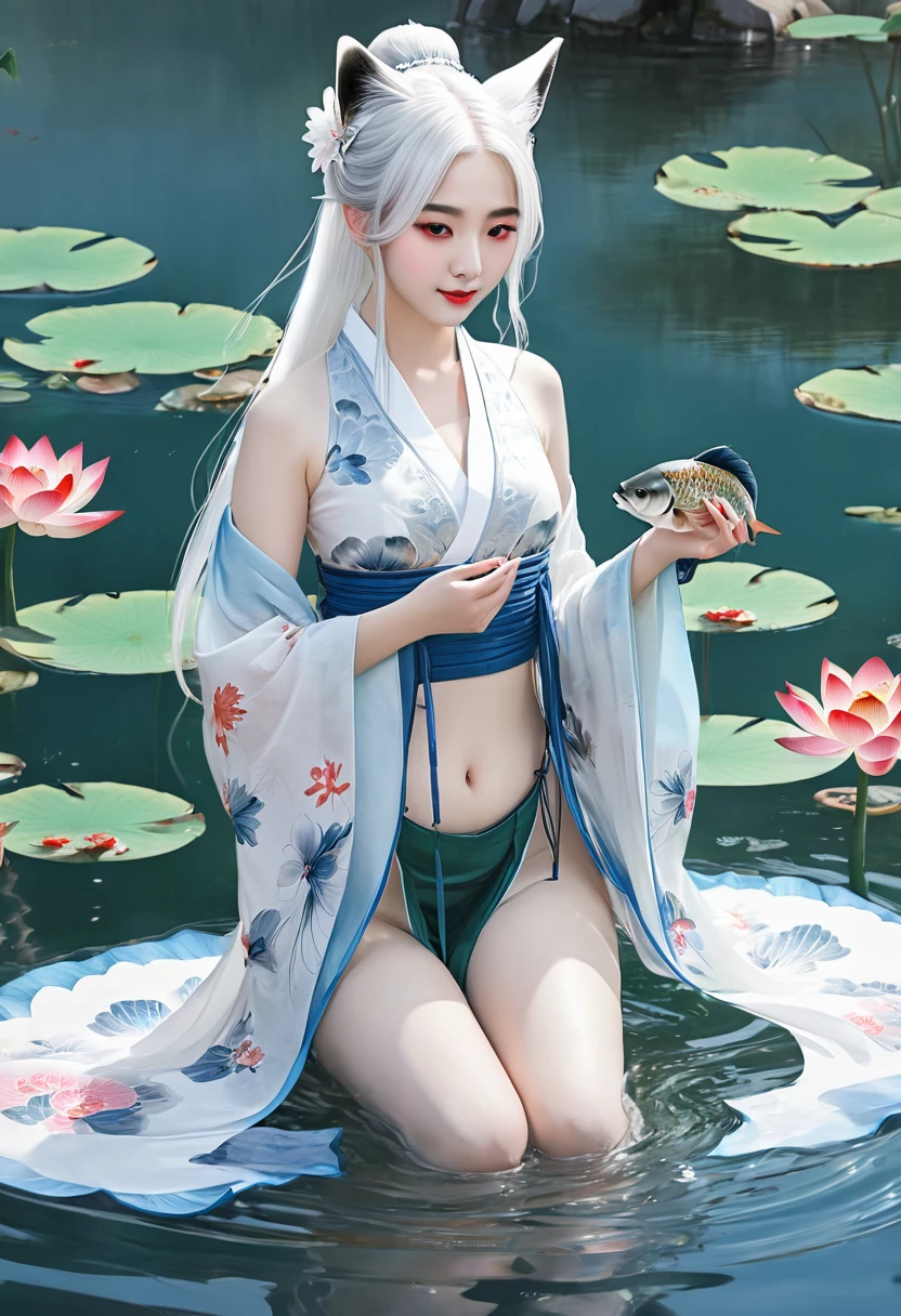 ((4k,masterpiece,best quality)), shuimobysim, traditional chinese ink painting, lotus, hanfu, maxiskit, dress conservatively 1 girl, solo, white hair, long hair, fox ears, white, bikini, fish, many fish near girl, look at viewer, tease