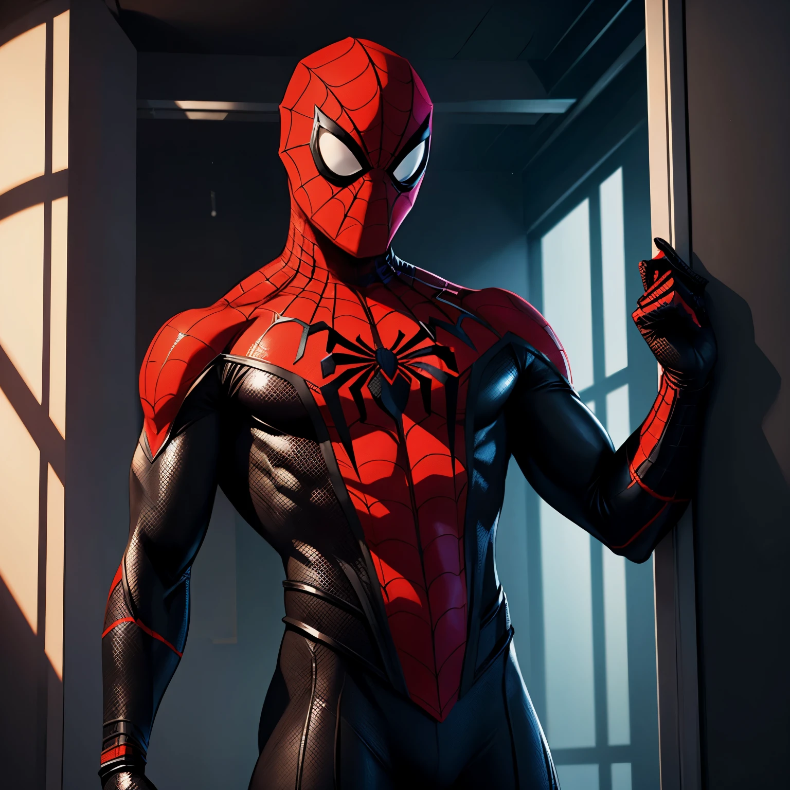 Young adult man, lean body build, standing proud, wearing an only black and red hero costume, inspired by miles morales spider-man with mask