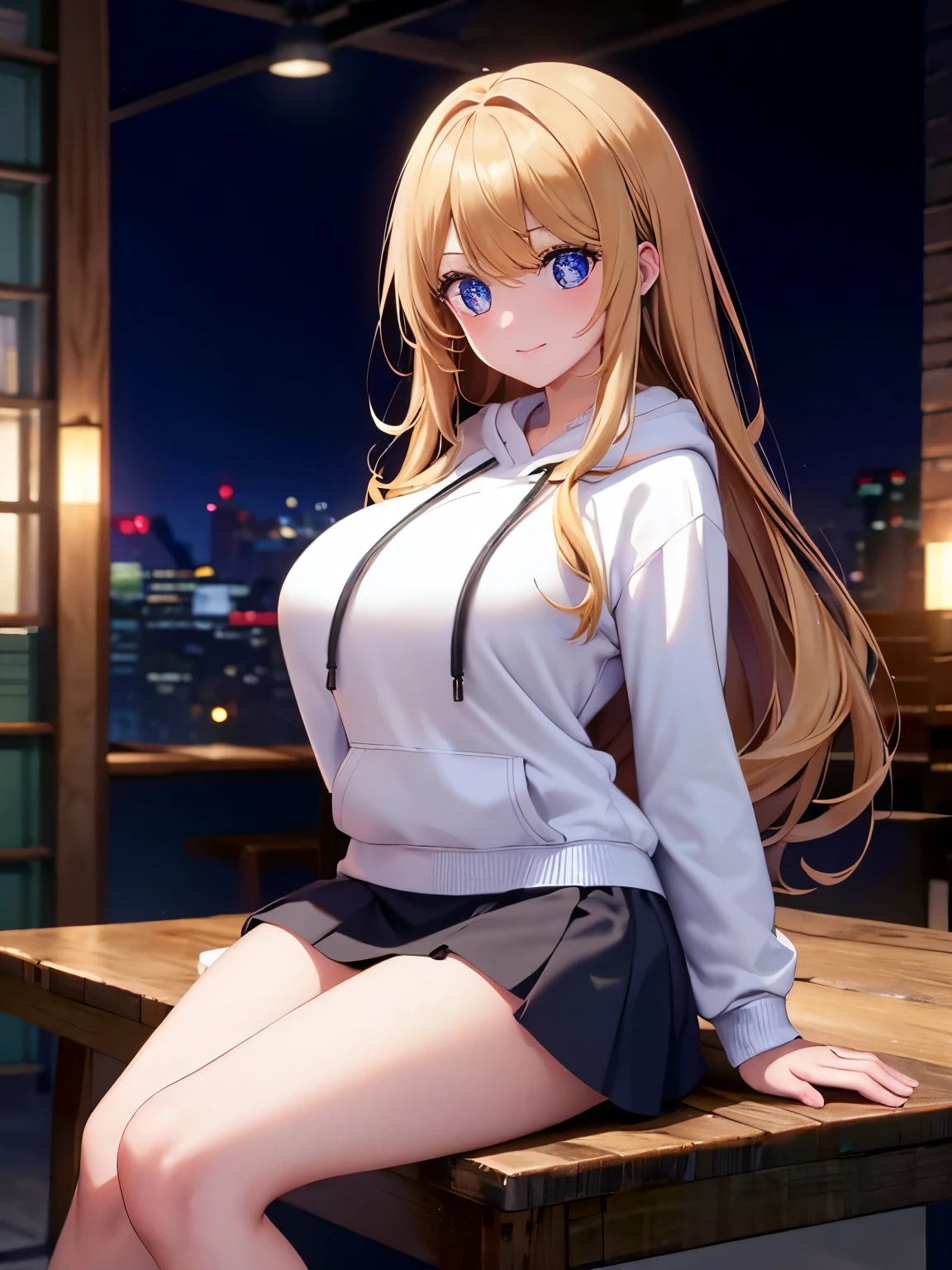 1woman,super beautiful,Warehouse background, night,Sitting on a chair,slight smile,hands tied,half body photo,Beautiful eyes, very detailed face,cute,long hoodie,white hoodie, tennis skirt,HD face, perfect face,black mini skirt,black mini skirt,Very big breasts,Blonde hair,long hair,wavy hair,bangs,blue eyes,ultra detail,ultra Hd, masterpiece,4k