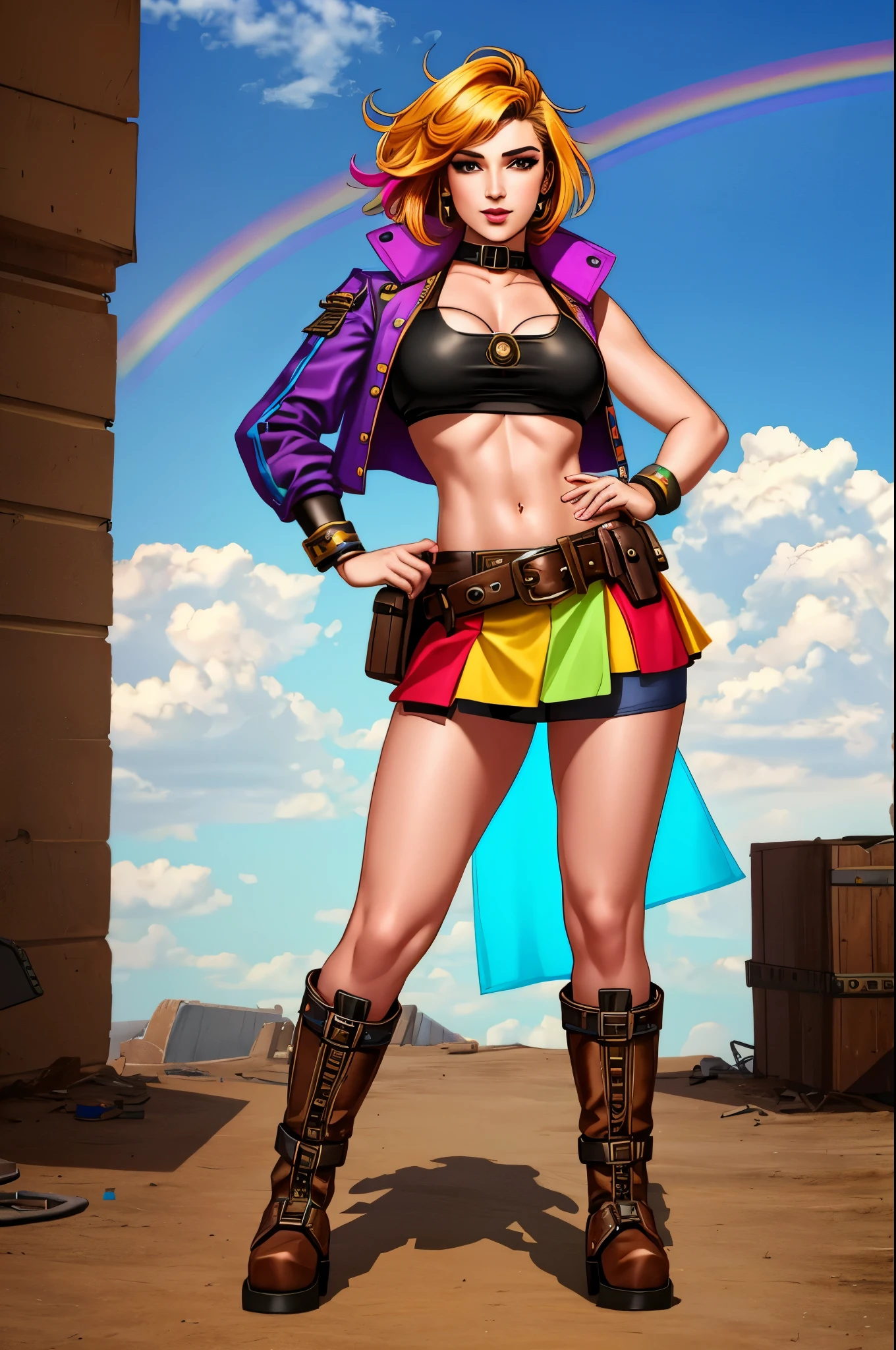 19-years old, vibrant, rainbow colours, croptop, underboob, short skirt, full body shot, engineer, steampunk, boots, seductive, apocalyptic setting, belts and buckles, asymmetric, small breasts