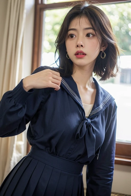 ((best quality)), ((masterpiece)), (detailed), perfect face、Enchanted body
((Satomi Ishihara、female、best proportions、Satomi Ishihara、semi-long、earrings、necklace、bangles、luxury accessories、female子高生の制服、Navy blue 、sailor suit、sailor suitリボン、sailor suitのリボン赤色、 designated by the school、Satomi Ishihara))