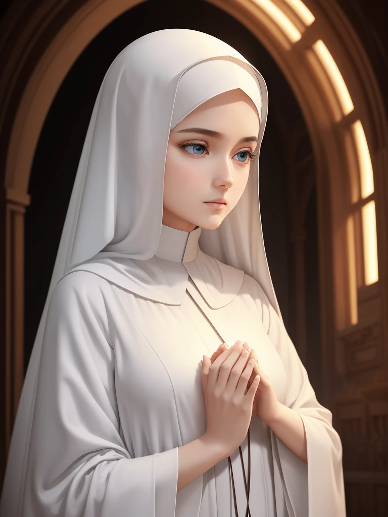  nun.Caucasian woman praying in white robe.The sweet and innocent angelic shape of Holy Light,holy high quality, masterpiece, 

                   Exquisite facial features, exquisite eyes,high-definition, beautiful light and shadow, The Tyndall effect, halo,

                               Beautiful girl with big eyes and very delicate eyes, paint by numbers, art station, Conceptual art work anatomy correct detailed sharp focus, illustration, 艺术作品  官方艺术 masterpiece, top quality, best quality