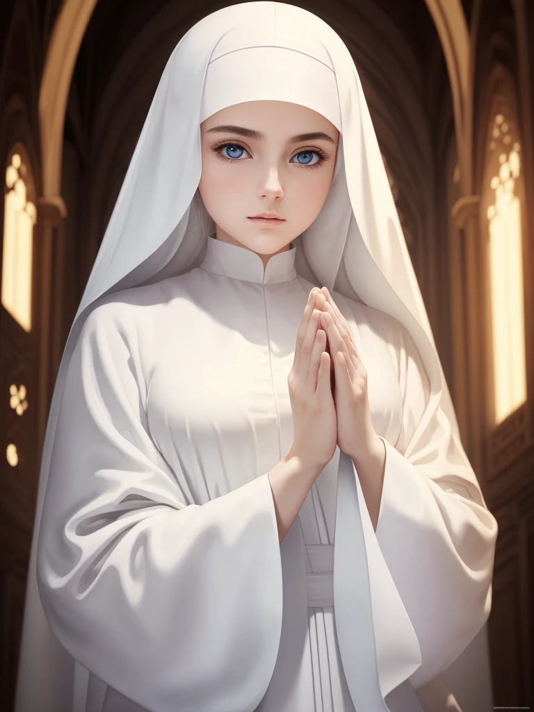  nun.Caucasian woman praying in white robe.The sweet and innocent angelic shape of Holy Light,holy high quality, masterpiece, 

                   Exquisite facial features, exquisite eyes,high-definition, beautiful light and shadow, The Tyndall effect, halo,

                               Beautiful girl with big eyes and very delicate eyes, paint by numbers, art station, Conceptual art work anatomy correct detailed sharp focus, illustration, 艺术作品  官方艺术 masterpiece, top quality, best quality