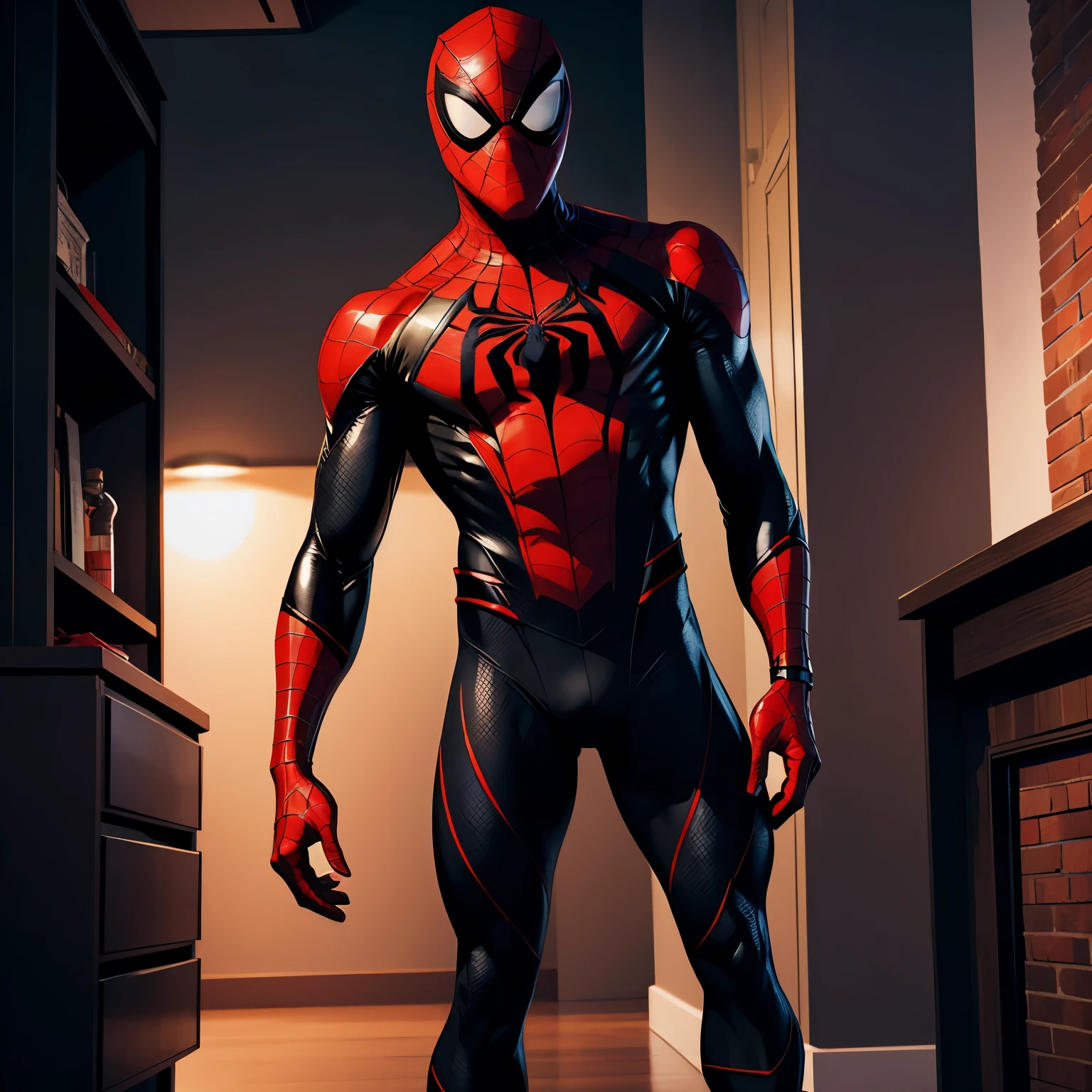 Young adult man, lean body build, standing proud, wearing an only black and red hero costume, inspired by miles morales spider-man with mask