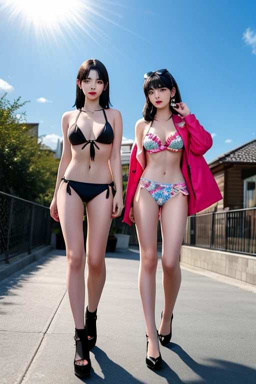 Two women, one with short hair and the other with long black hair, wearing frilly bikinis