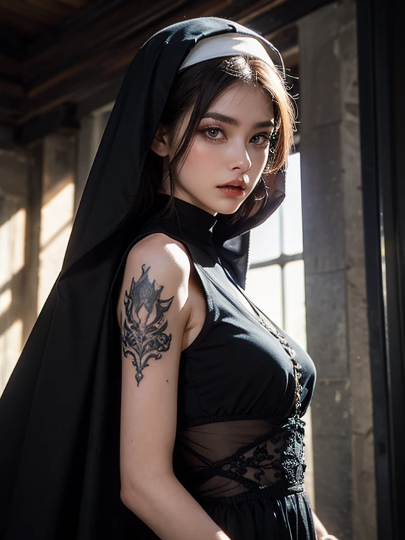 Digital art, Eric Wallis-inspired nun, black makeup enhancing the mysterious aura, transparent chiffon cassock flowing with every subtle movement, adorned with gothic tattoos featuring crosses and wings, fingers embellished with cross-shaped nails, Marc Riboud's photographic style, shot in the confines of a professional studio, ultra HD, realistic rendition of divine elegance, distinguished by sharp focus, intricate details as seen in octane rendering,layered with detailed acrylic grunge textures, complexity in every stroke, rendered in Unreal Engine for a photorealistic effect. High Resolution, High Quality, Masterpiece