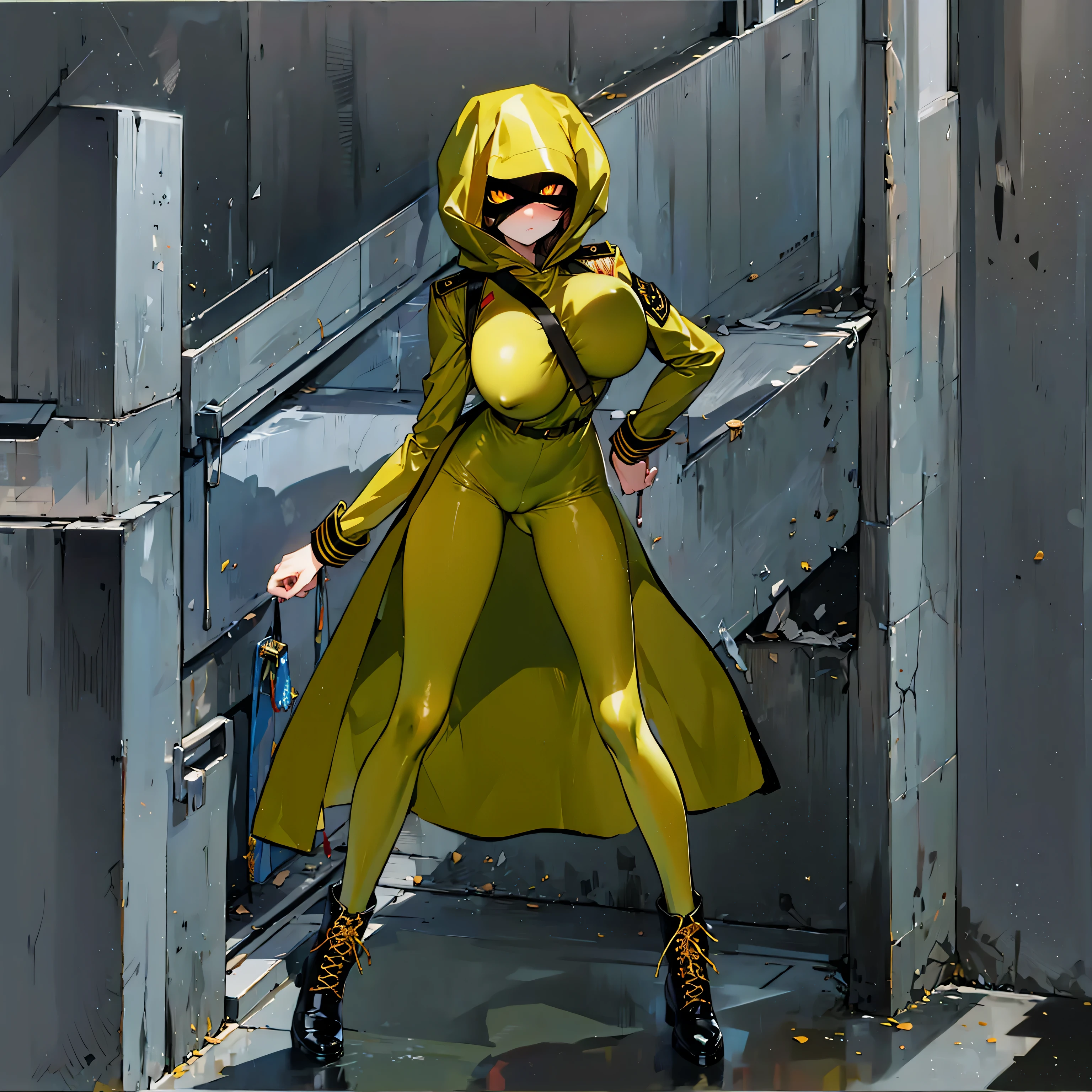 (solo cute girl standing in trench:1.3), (light brown hair:1.2) , (very long legs), (skinny long legs), (very short torso), swaying back, BREAK, (open legs:1.2), tiptoe, pigeon toed, BREAK, (bouncing unaligned large breasts:1.2), perky breasts, thin waist, BREAK, (dark brown military uniform:1.4), (hood covers face), trousers, military boots, BREAK, nose blush, looking at viewer, BREAK, (glowing golden eyes:1.6), BREAK, (wire entanglement fence in background), BREAK, (masterpiece, best quality, ultra-detailed:1.5), (nsfw:0.8), coverd erectile nipples, cameltoe, (belt sash squeezing breasts)