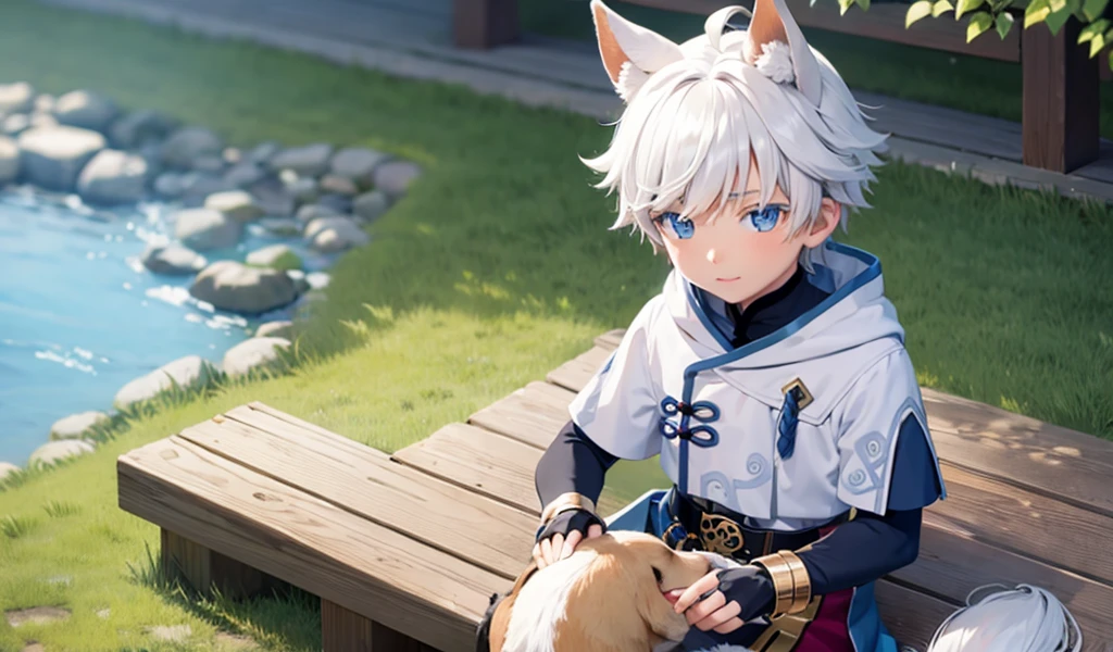 Chongyun (genshin impact),**********, 1boy, male focus, animal ears, solo, multicolored hair, brown hair, dog boy, white hair, tassel, dog ears, armor, upper body, streaked hair, bangs,NSFW,small
INFO
