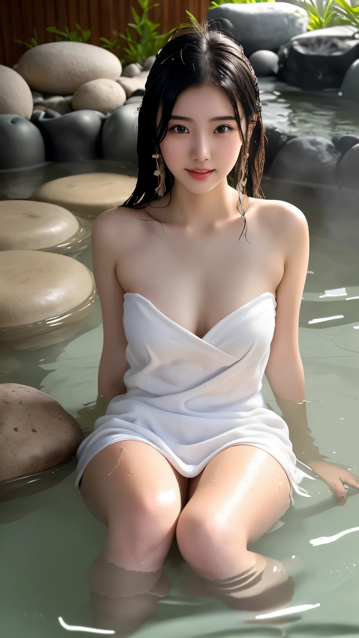 最high quality、high quality、best image quality、8K、最High resolution、High resolution、最high quality、masterpiece、Realistic human body in every detail、Realistic skin in every detail、Realistic face in every detail、Realistic eyes down to the details、Realistic lips in every detail、Realistic teeth in every detail、Realistic ears down to the last detail、Realistic hair down to the last detail、Realistic arms down to the last detail、Realistic reproduction of every detail、Realistic fingers in every detail、(fine hands、thumb１reference４)、Realistic feet in every detail、((beautiful japanese girl))、(japanese model), (japanese woman)、((18 year old beautiful girl))、(black hair)、(random hairstyle)、((whole body))、((beautiful upturned chest))、(slim style、slender style)、(whole body光沢肌、Fair skin)、((A small white towel is wrapped around the body.))、((Thin towel(Her skin is visible through the wet towel))、(soft natural light)、((in the deep forest(Natural hot springs gush out))、((Hot springs surrounded by rocks))、((deep bathtub(deep hot spring))、((Onsen Girls))、((Enter the hot spring))、((A woman warming herself in a hot spring))、((Soak in a hot spring))、((腰までSoak in a hot spring))、((in hot spring water、Sit with your butt down))、((Sit on your knees in the hot spring))、((Sit on your knees in the hot spring))、((Lying down in the hot spring))、((Kneeling in the hot spring))、((Lie down in water up to your shoulders in the hot spring area))、((A lot of steam rises from the hot spring water.))、((Extremely clear hot spring water))、((The main body seen from the water surface))