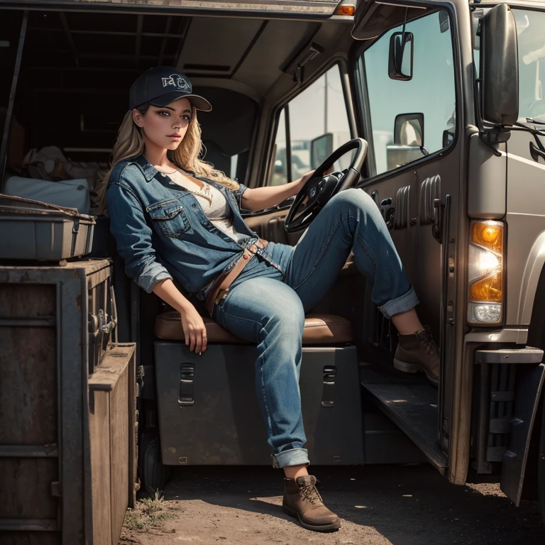 gorgeous female dressed as truck driver, truck in background, attractive, flirting, dirty clothes, dirty skin, (((full body visible))), looking at viewer, portrait, photography, detailed skin, realistic, photo-realistic, 8k, highly detailed, full length frame, High detail RAW color art, piercing, diffused soft lighting, shallow depth of field, sharp focus, hyperrealism, cinematic lighting, (Masterpiece:1.3), (best quality:1.3), 