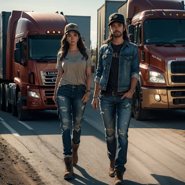 gorgeous female dressed as truck driver, truck in background, attractive, flirting, dirty clothes, dirty skin, (((full body visible))), looking at viewer, portrait, photography, detailed skin, realistic, photo-realistic, 8k, highly detailed, full length frame, High detail RAW color art, piercing, diffused soft lighting, shallow depth of field, sharp focus, hyperrealism, cinematic lighting, (Masterpiece:1.3), (best quality:1.3), 