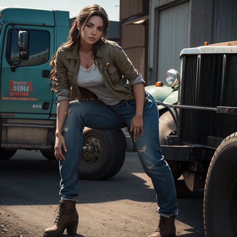 gorgeous female dressed as truck driver, truck in background, attractive, flirting, dirty clothes, dirty skin, (((full body visible))), looking at viewer, portrait, photography, detailed skin, realistic, photo-realistic, 8k, highly detailed, full length frame, High detail RAW color art, piercing, diffused soft lighting, shallow depth of field, sharp focus, hyperrealism, cinematic lighting, (Masterpiece:1.3), (best quality:1.3), 