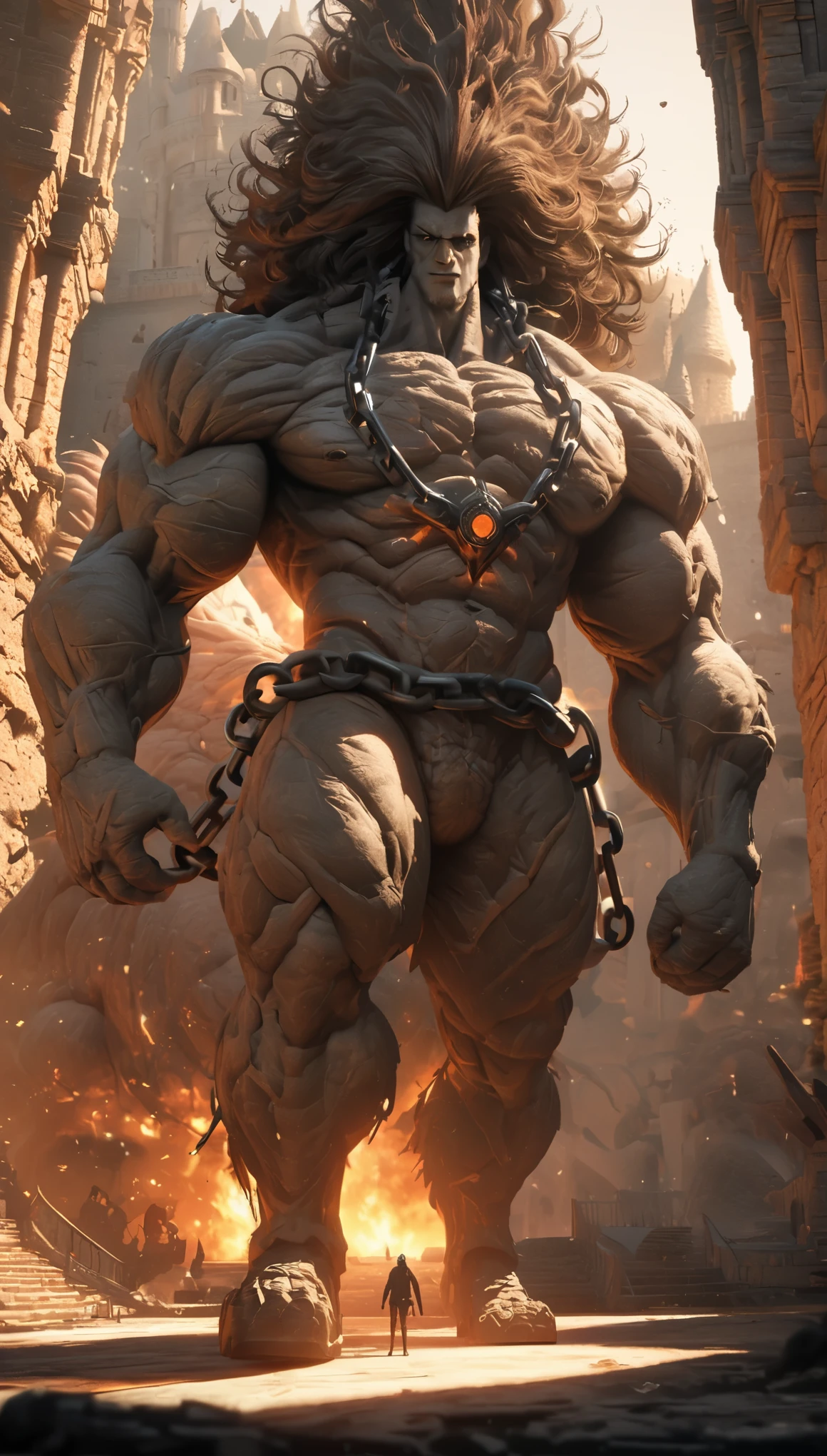 Aerial viewing angle，outside the castle，Cool colors，Anatomy Drawing，Rich details，A huge monster called Siege Beast，Smash the walls with a giant spiked chain，Collapsed castle，fire light，smoke，Big head, one eye and no neck，Round head and round brain，Gray rough skin，a tall body，Extremely thick limbs，Bone accessories，full body portrait，Black Castle，Real light and shadow contrast，Realistic ray tracing，True light falloff，anti-aesthetic style，Poodlepunk，Snapshot aesthetic style ，  --q 2   --s 180    --ar 9:16 --v 6