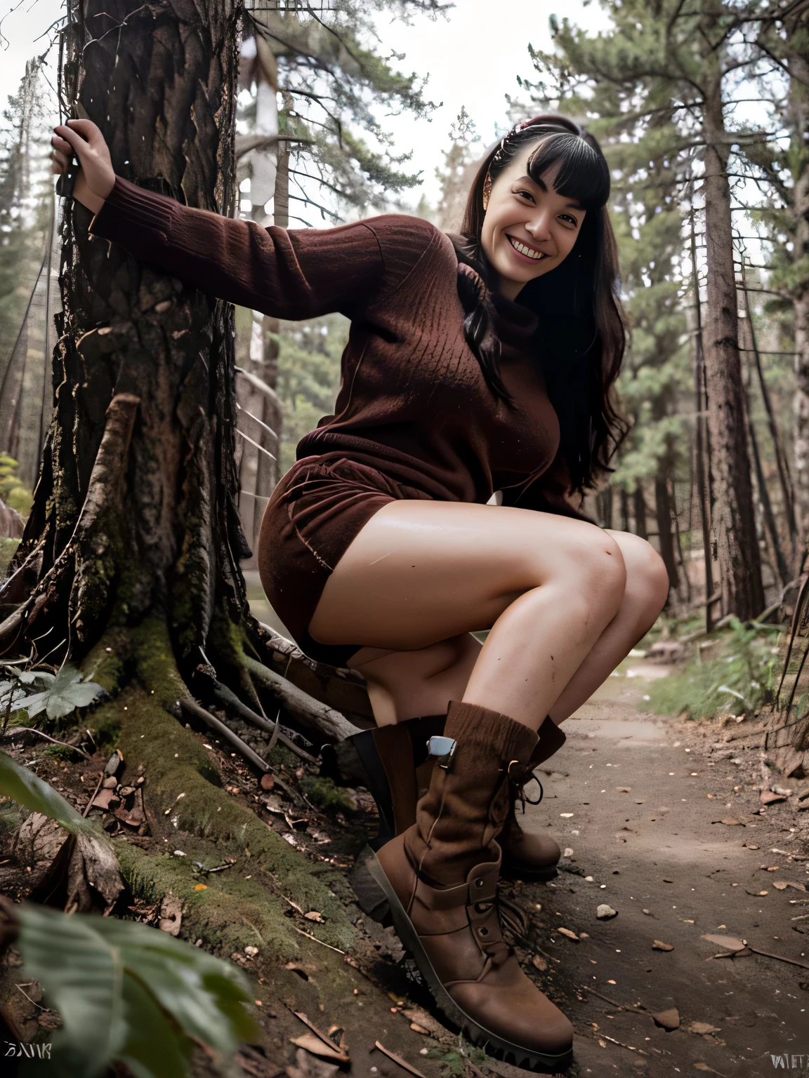 smiling sweaty Bettie page, climbing a mountain, in a forest,big wool brown sweater, velvet brown shorts, mountain boots, mountain ax in hand, she's climbing hard the mountain, a big bear is hidinh behind a tree, ,photo captured in stunning Ultra HD, 8k resolution, Nikon D850, — style raw s 250V