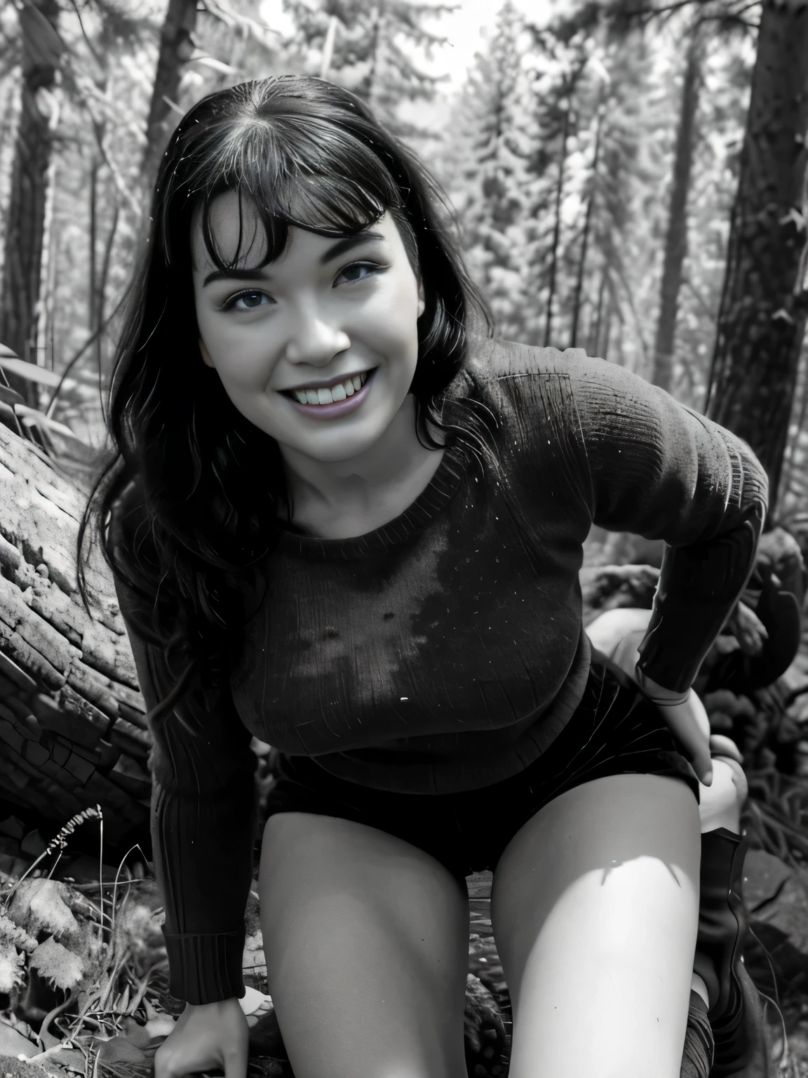 smiling sweaty Bettie page, climbing a mountain, in a forest,big wool brown sweater, velvet brown shorts, mountain boots, mountain ax in hand, she's climbing hard the mountain, a big bear is hidinh behind a tree, ,photo captured in stunning Ultra HD, 8k resolution, Nikon D850, — style raw s 250V