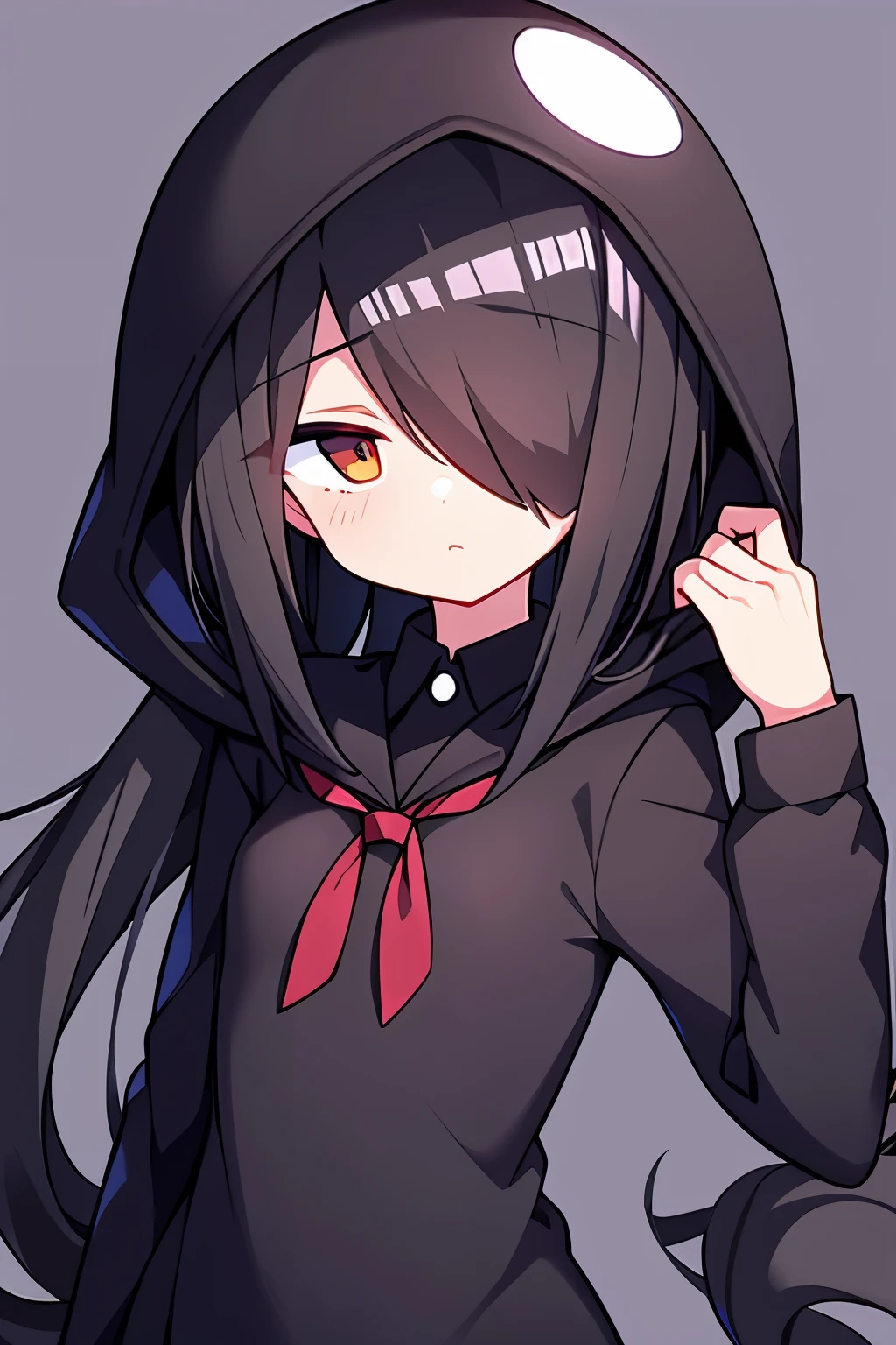 1 girl, black hair, (black school uniform) (black hood) formal, Ghost hair, hair above one eye, long hair, (one eye covered) flat chest