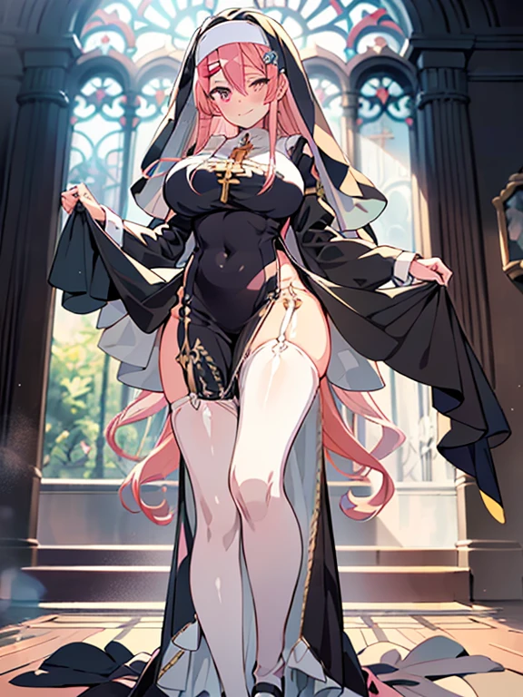 during daytime,((masutepiece)), ((Best Quality)), (Ultra-detailed), ((kawaii)),Exposed legs,Toothy smile,sexypose,Buttocks, Big breasts that are about to burst, sparkling effect, Lens Flare, shiny-glistening, masterpiece, best quality,ultra detail,pink long hair, hair ornament, hairclip, aqua eyes, town road ,best quality,best animated,masterpiece,ray tracing,1girl, sol,smile, navel, midriff,wavy hair,droopy eyes,embarrassed,long sleeves, nun, habit, nun, habit, dress, black dress, long dress, catholic,（long pink hair）,pink hair