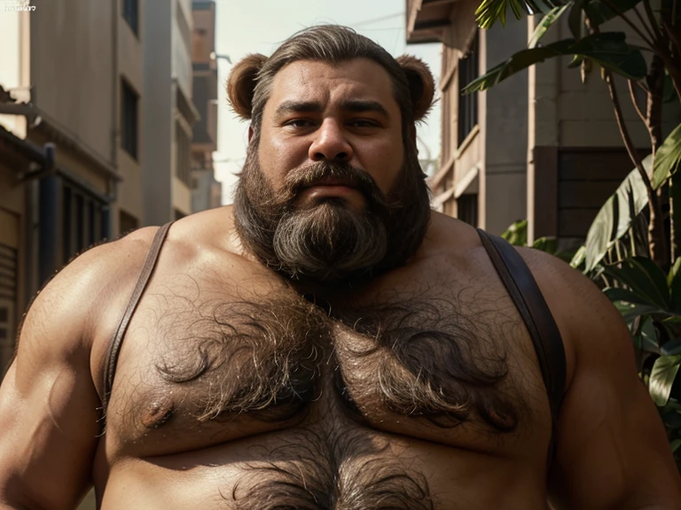 Alleyway, golden hour, plants, solo, male, old, mature, overweight, grey hair, short hair, beard, mustache, hairy chest, brown fur, brown body, bear, heavy, large, big, thick, by buta99, by bebebebebe,concept art, very stylized character design, stylized character design, highly detailed character design, childrens art in artstation